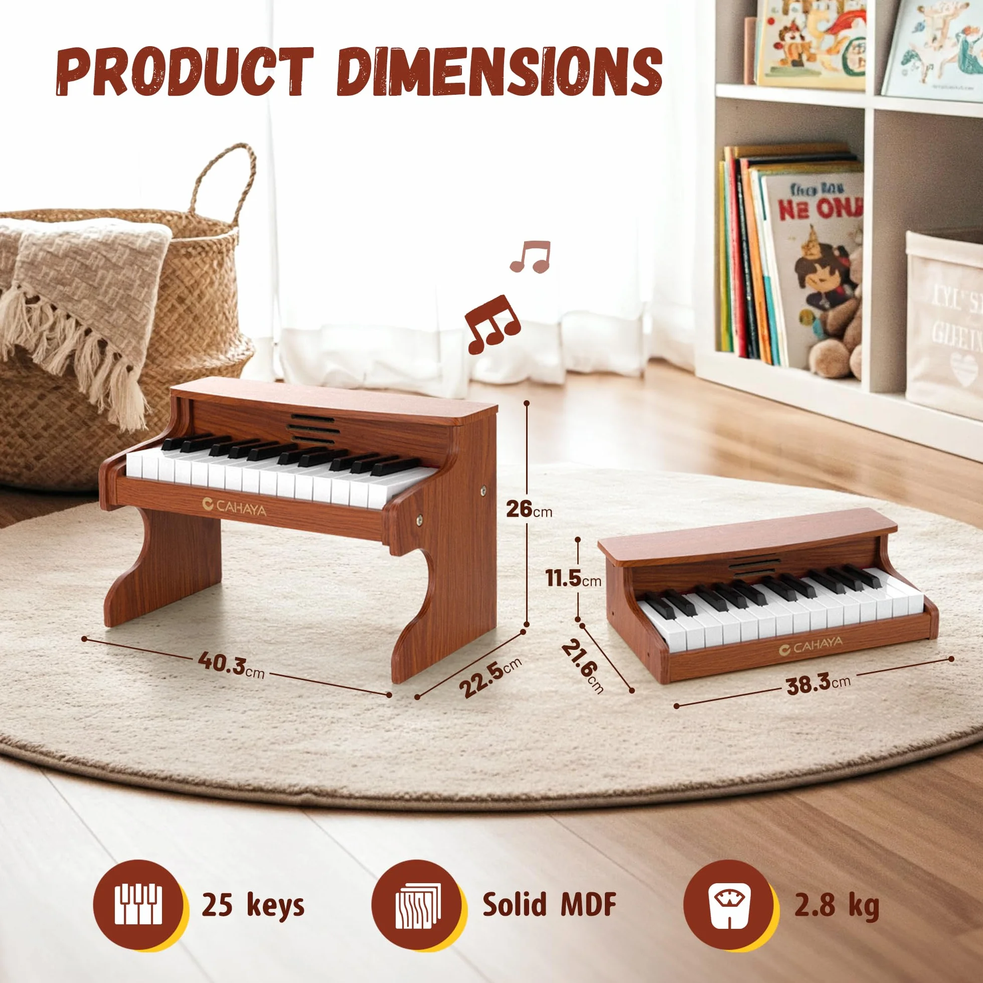 CAHAYA Piano Infantil de 25 Teclas - Piano Eléctrico para Niños de Madera con Partituras de Pianos y Pegatinas Indicadoras de Notas El Regalo Ideal para Jóvenes Músicos
