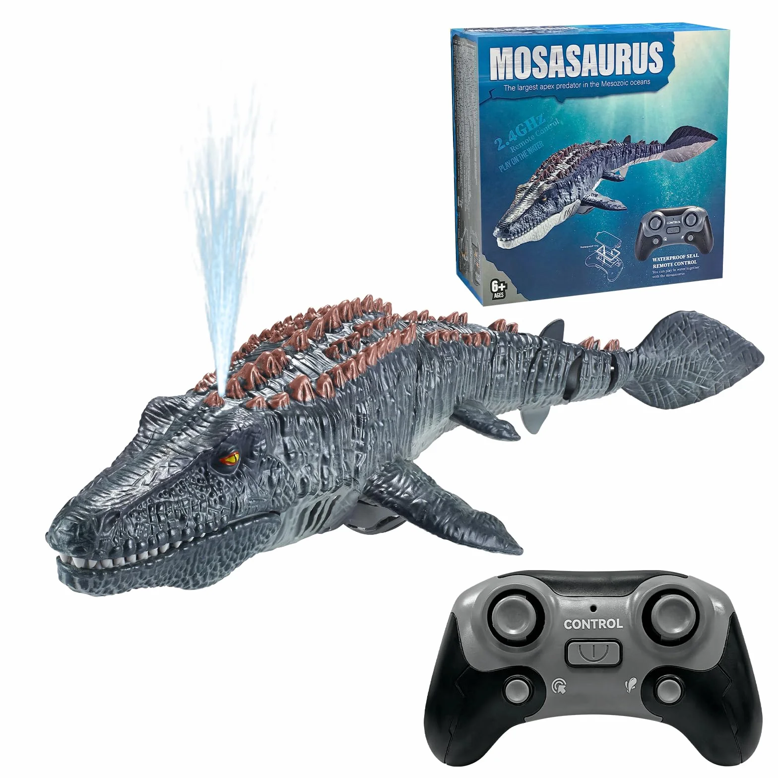 Juguetes Mosasaurus con Control Remoto para niños, Barcos Teledirigido, Barco de Dinosaurio Eléctrico RC con Agua pulverizada y luz para Piscina, Lago, baño, Juguetes de baño (Gris)