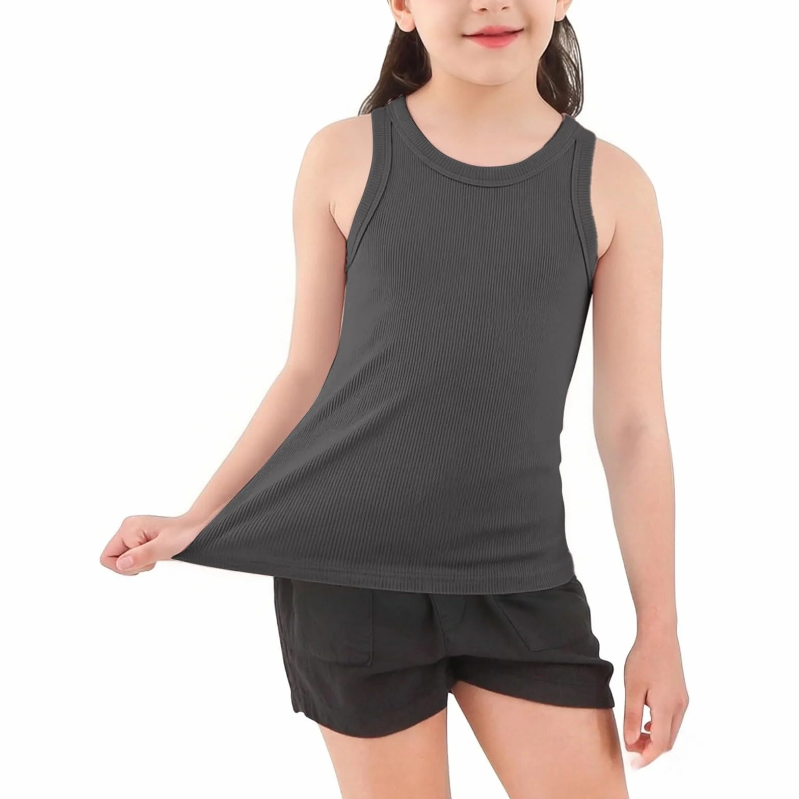 Camiseta sin mangas acanalada para niñas cuello redondo color liso ballet gimnasia danza