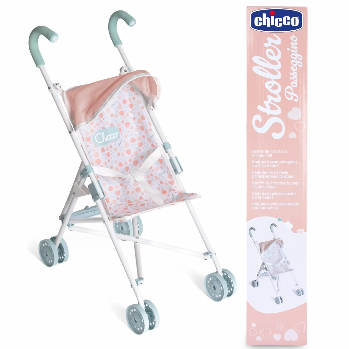 Chicco Cochecito para Muñecas My First Doll, para niños a Partir de 3 años, Cochecito de Juguete con 4 Ruedas, Ligero y fácil de Plegar, Asiento de Tela y Capota Plegable
