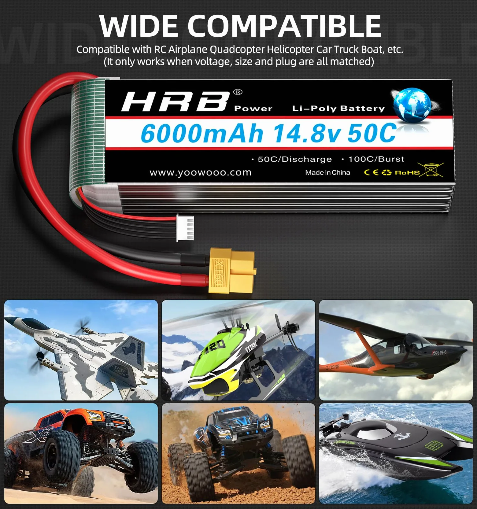 HRB 14.8V 6000mAh 4S Lipo Batería 50C con Enchufe XT60 para Avión RC, Helicóptero RC, Coche RC, Camión RC, Barco RC