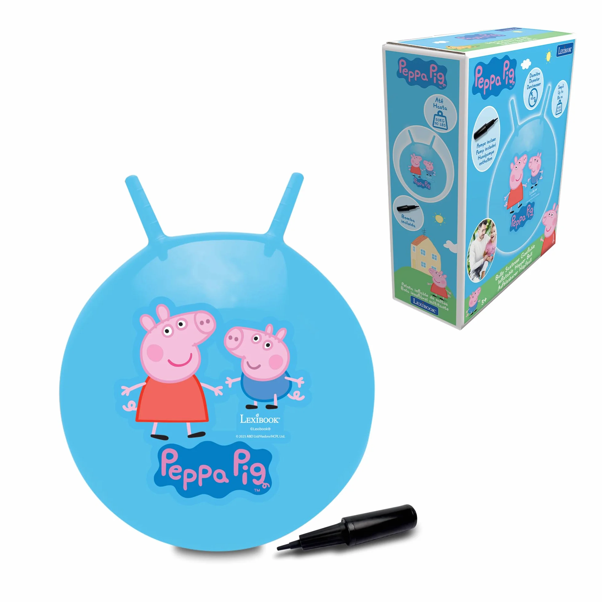 LEXIBOOK, Peppa Pig, Pelota saltarina Inflable, Bomba Manual incluida, Plásticos Seguros y duraderos, Azul, BG040PP