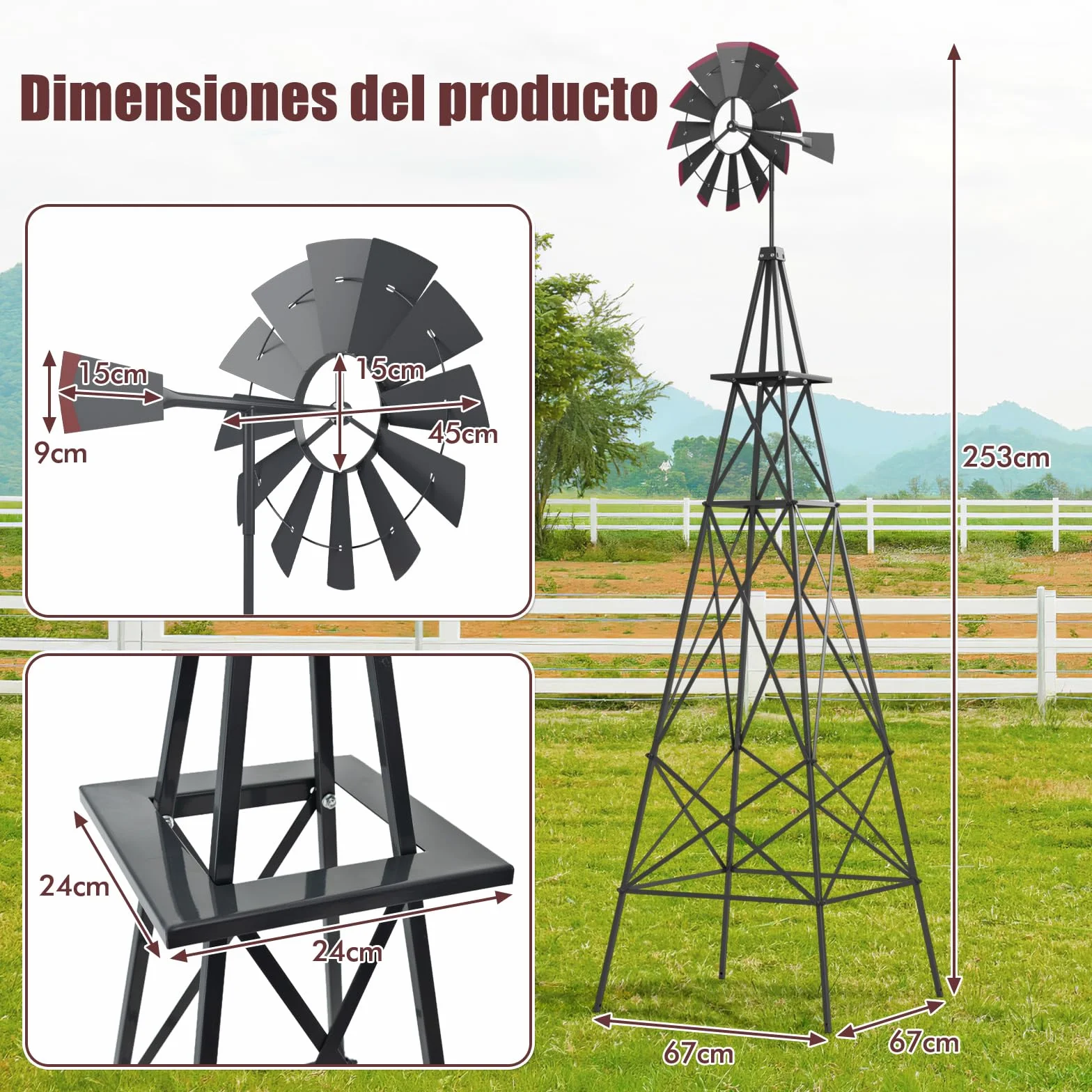 COSTWAY Molino de Viento Jardin de 253cm, Rueda de Viento con Rodamiento de Bolas, Molinillo de Viento de Metal Patio, Jardín, Granja, 4 Estacas Incluidas (Gris)