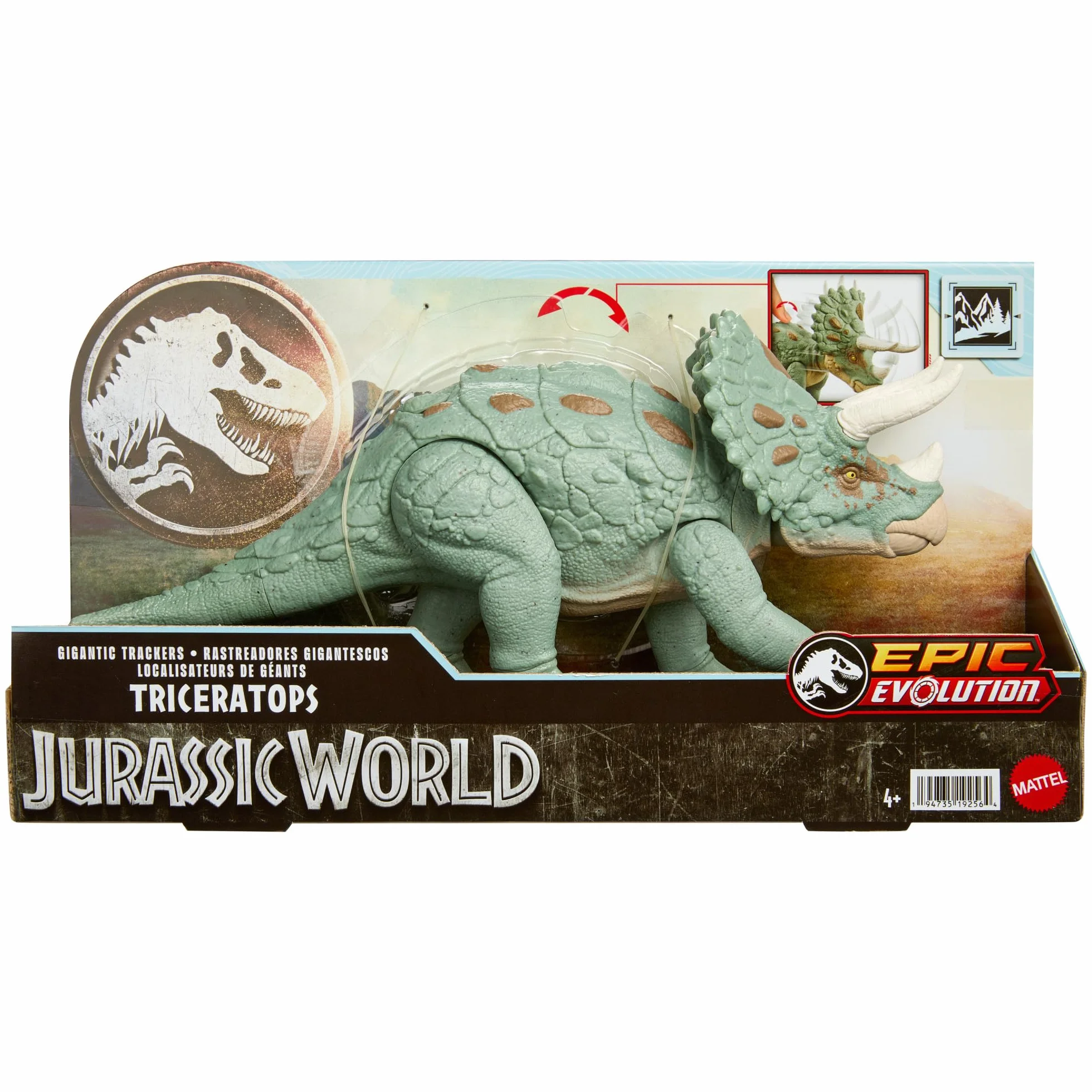 Mattel Jurassic World Gigantic Trackers Triceratops Dinosaurio de juguete con movimientos de ataque, +4 años (HTK79)
