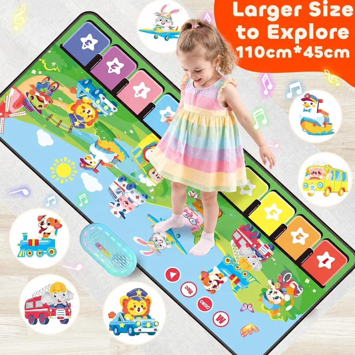 MOMUSE Alfombra Musical con 80 Sonidos, Alfombra de Piano Grande con 10 Animales y 10 Coches, Juguetes Musicales con Luz Suave, 10+ Niveles Volumen, Regalos para Niños Niñas 1 2 3 Años (110 cm*45 cm)