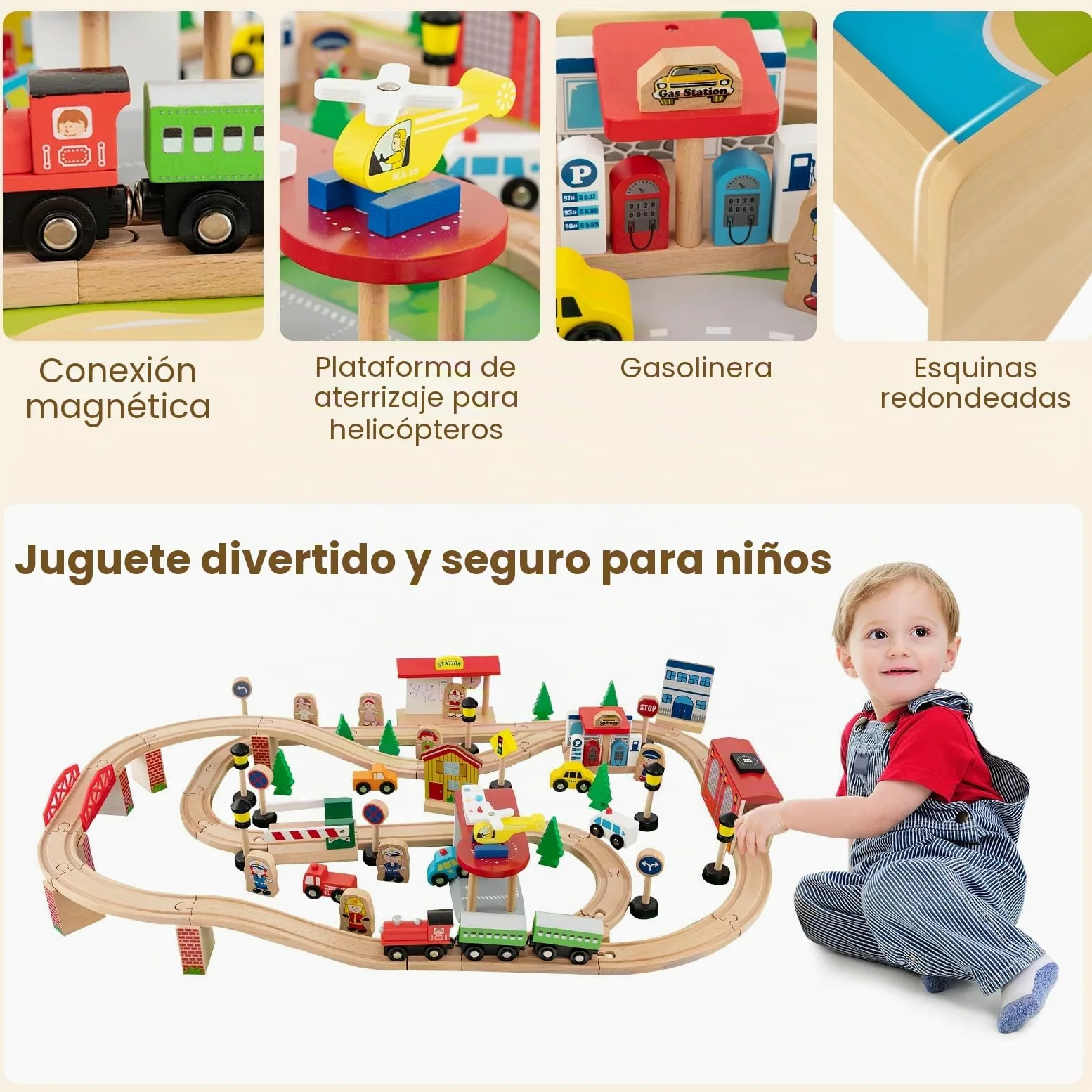FANTASK Mesa de Juego de 84 Piezas de Madera, Juego de ferrocarril Infantil con Tablero y cajón Reversibles y extraíbles, Mesa de Actividades para Jugar, Pintar, Leer, Comer, Juguetes para niños a