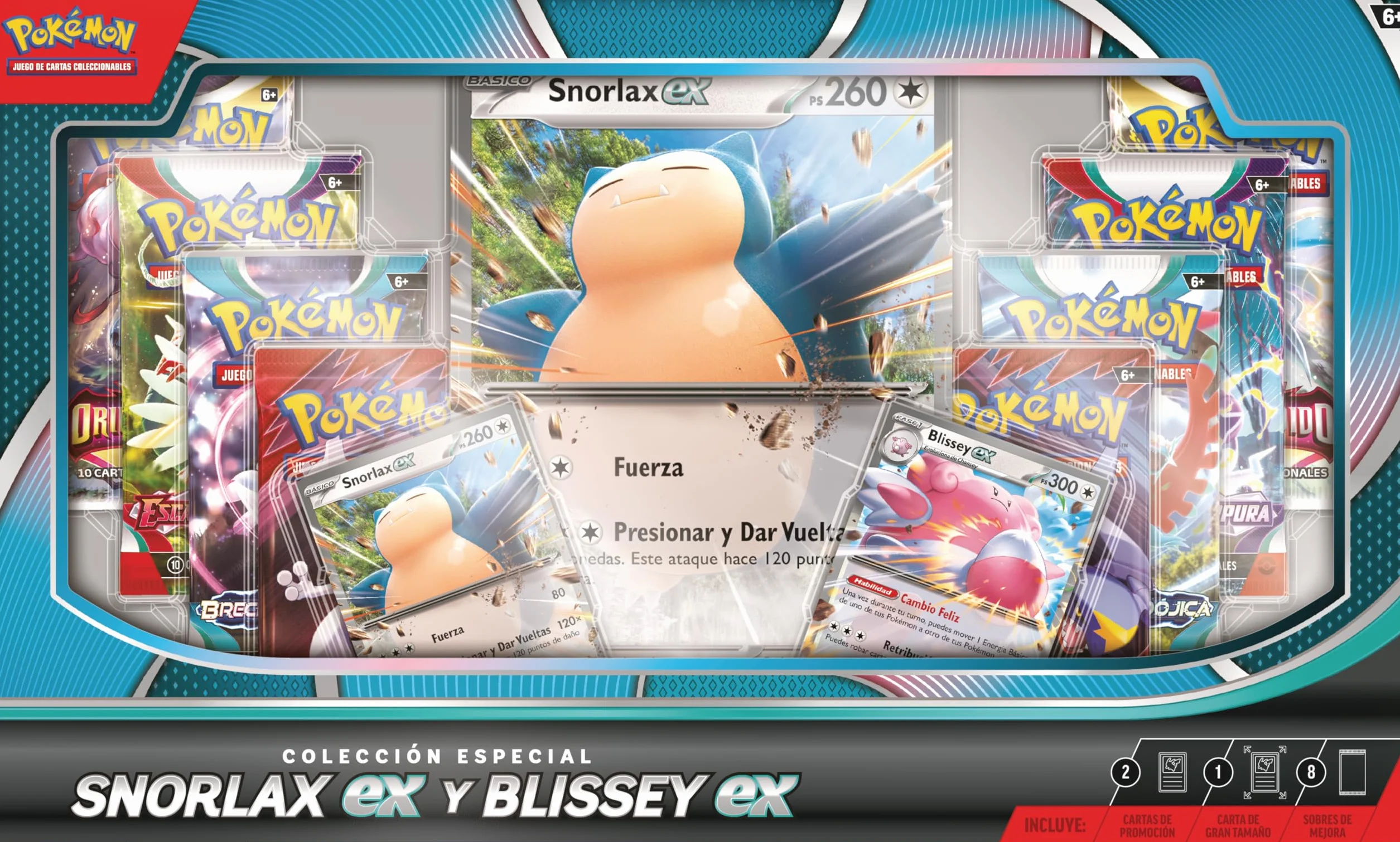 Pokémon: Colección Especial Snorlax ex y Blissey ex de JCC Pokémon (2 Cartas holográficas de promoción, 1 Carta holográfica de Gran tamaño y 8 Sobres de Mejora)