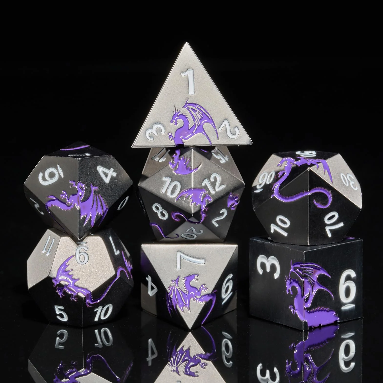 Juego de dados de metal D&D, dados poliédricos de 7 piezas, dragón, metálicos, para juego de mesa de Dungeons and Dragon, RPG (dragón negro y púrpura)