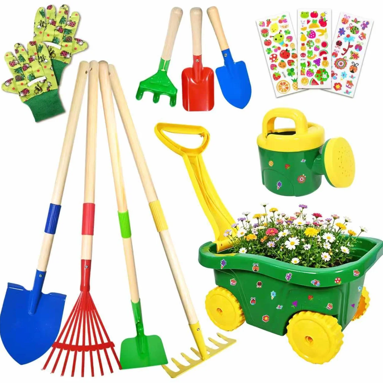 Carretilla para Niños, 13pcs Carretilla Niño Set Jardinería, Juego Herramientas de Jardín para Infantil con Pala, Escoba, Rastrillo y Rastrillo de Hojas, Pulverizador Juguetes de Arena Exterior (B)