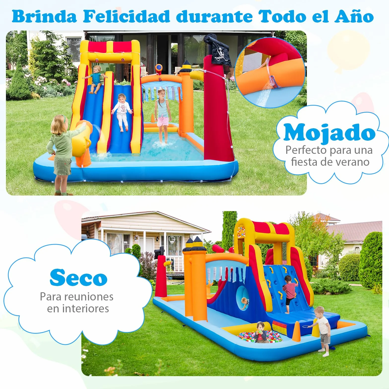 COSTWAY Castillo Hinchable Acuatico, 4 en 1 Castillo Hinchable para Niños 3-10 Años con 3 Niños, 693 x 295 x 263 cm, Seco y Agua, Insuflavel Crianças Interior Exterior