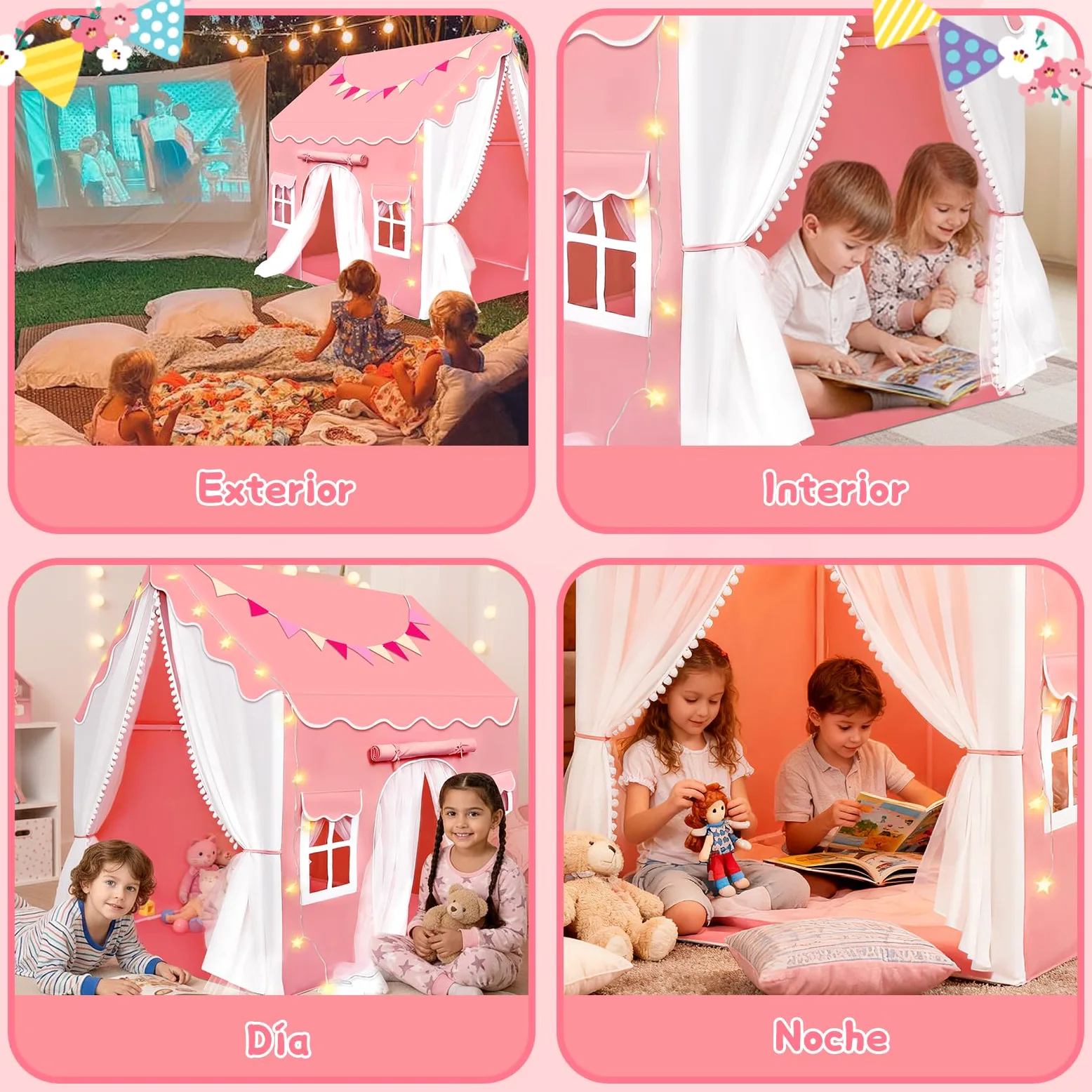 JONRRYIN Tienda Campaña Infantil con 2 Puertas, Cabañas para Niños con Luces Banderas y Bajera, Casitas Infantiles Tela Interior, Ideal Casita Infantil para Niños Niñas
