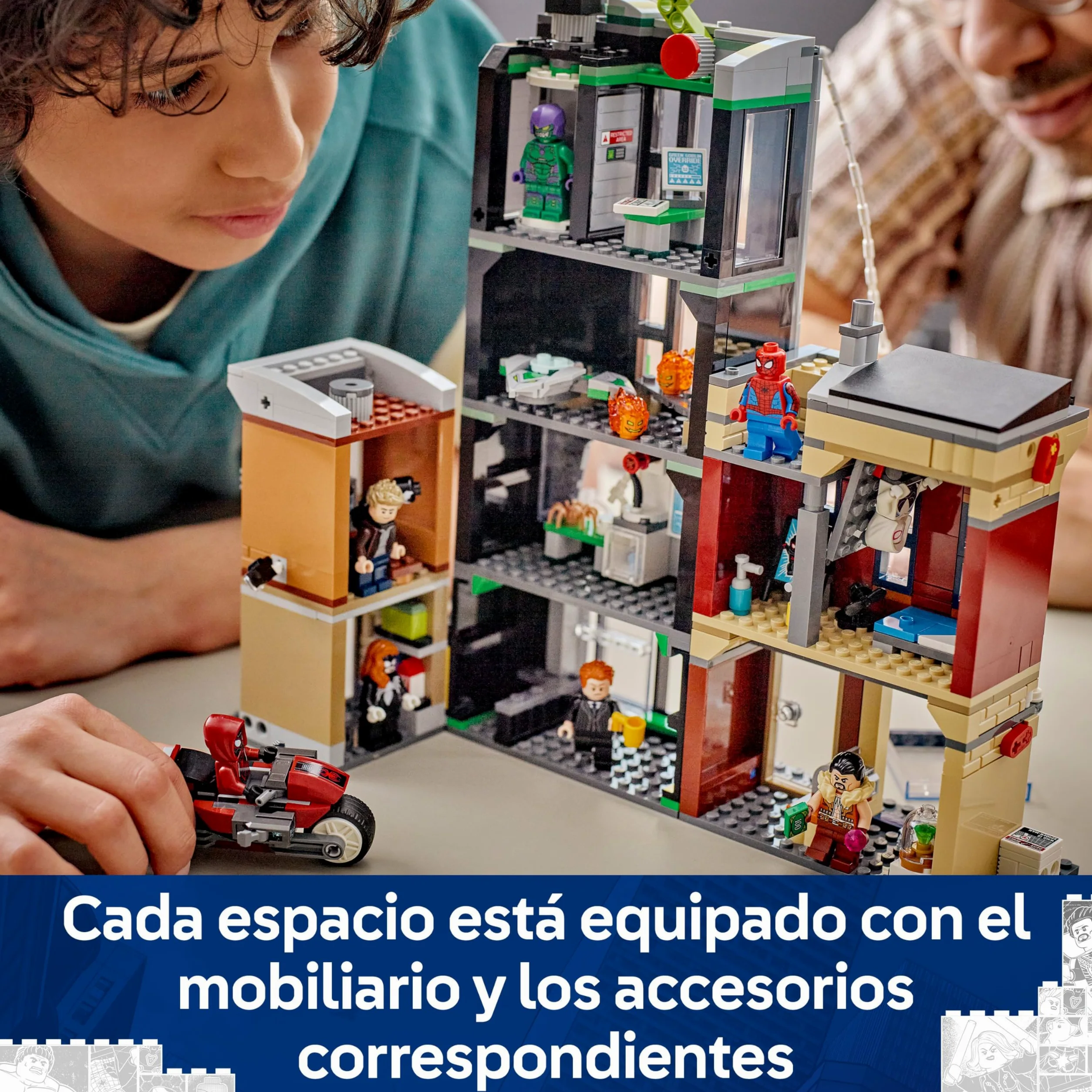 LEGO ǀ Marvel Spider-Man vs. Oscorp - Juguete Interactivo con Moto, 8 Minifiguras Inc. Miles Morales, Duende Verde y Spider-Woman - Regalo de Superhéroes para Niños de 10+ Años y Fans 76324