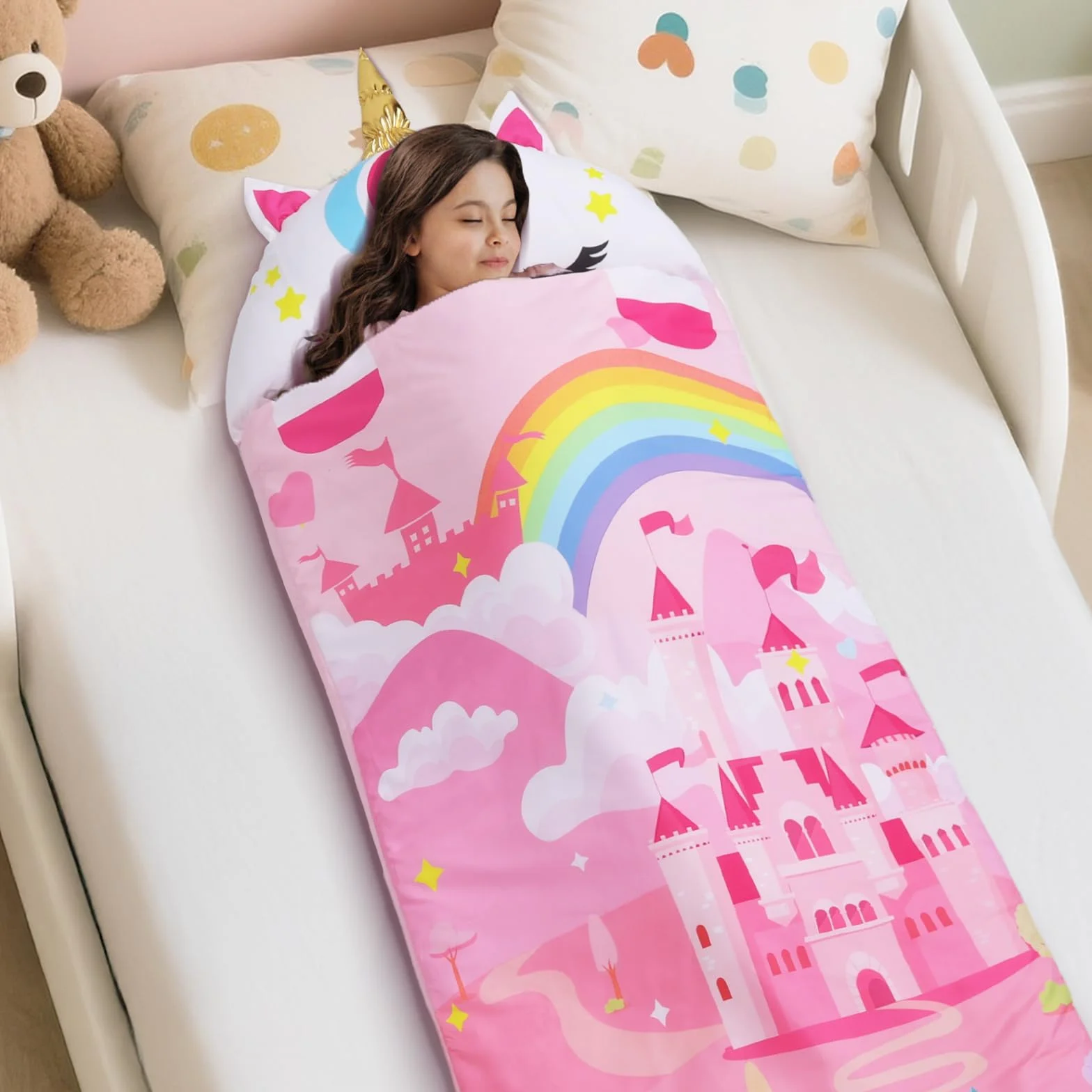 decalsweet Cálida Alfombrilla de Siesta para Niños Pequeños con Almohada Extraíble, Saco de Dormir Plegable para Niñas y Niños, Bolsa de Dormir con Cremallera para Camping Siesta, 150×60cm