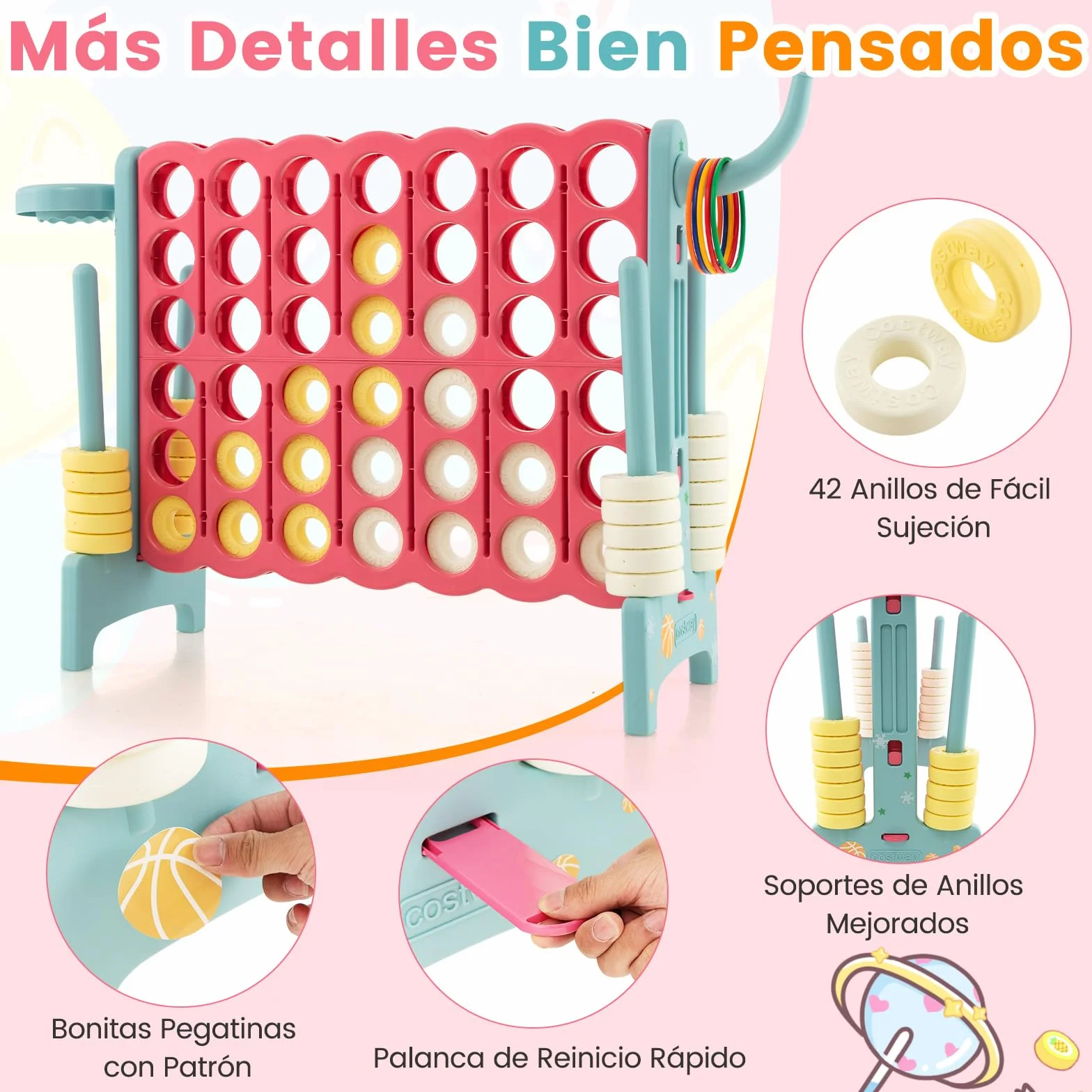 COSTWAY Conecta 4 Gigante, Mega 4 para Niños y Adultos, Juego de Exterior 74 cm con Canasta y Juego de Lanzamiento de Anillos, 42 Piezas Gigantes con Pegitinas y Boloncesto (Rojo y Azul)