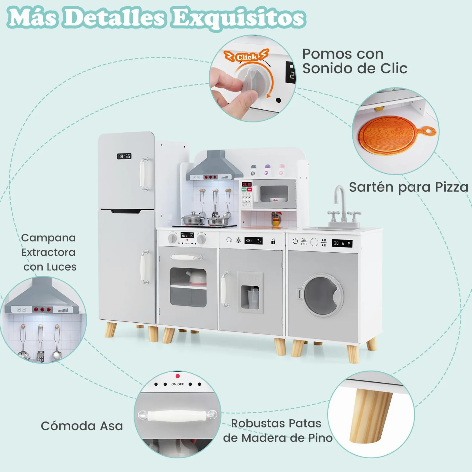 COSTWAY Cocina Juguete Infantil, Cocinita de Madera Infantil 3 en 1 con Refrigerador, Lavadora, Máquina de Hielo, Estufa, Fregadero, Horno, Microondas, Cocina Juguete con Luces y Sonidos (Gris)