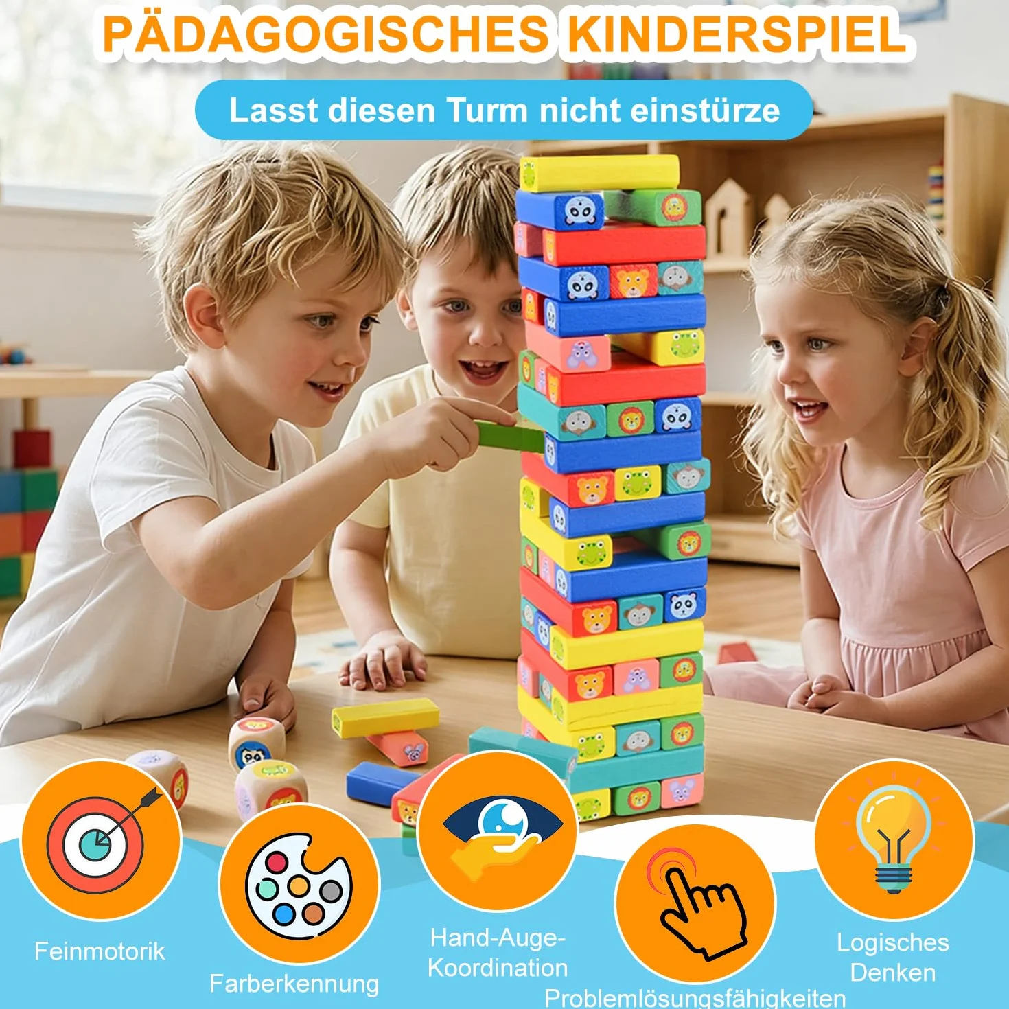Torre de Bloques de Madera 4 en 1, Juguete Montessori de Equilibrio y Habilidad, Juego de Mesa Familiar y de Viaje, Juego Educativo Regalo para Niños y Niñas de 3 a 9 años
