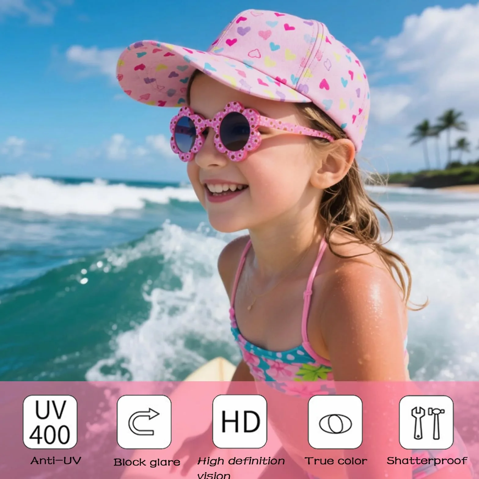 Gorra de Niña con Visera y Gafas de Sol Florales Set Verano Transpirable Ajustable 52-56 cm Rosa