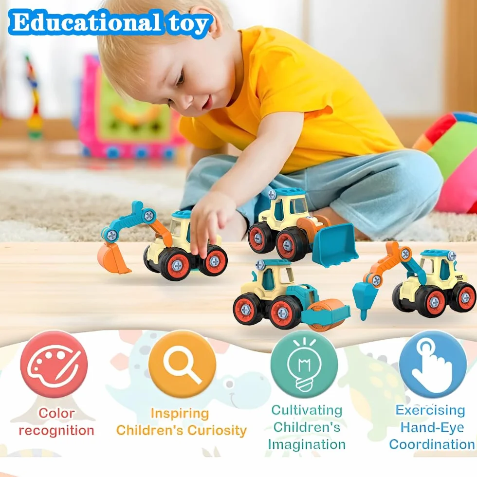 Juguetes de Vehículos de Construcción 4 en 1 para Niños a Partir de 2 Años, Set de Excavadoras DIY con Destornillador, Desmontar Camión de Ingeniería para Niños, Niños