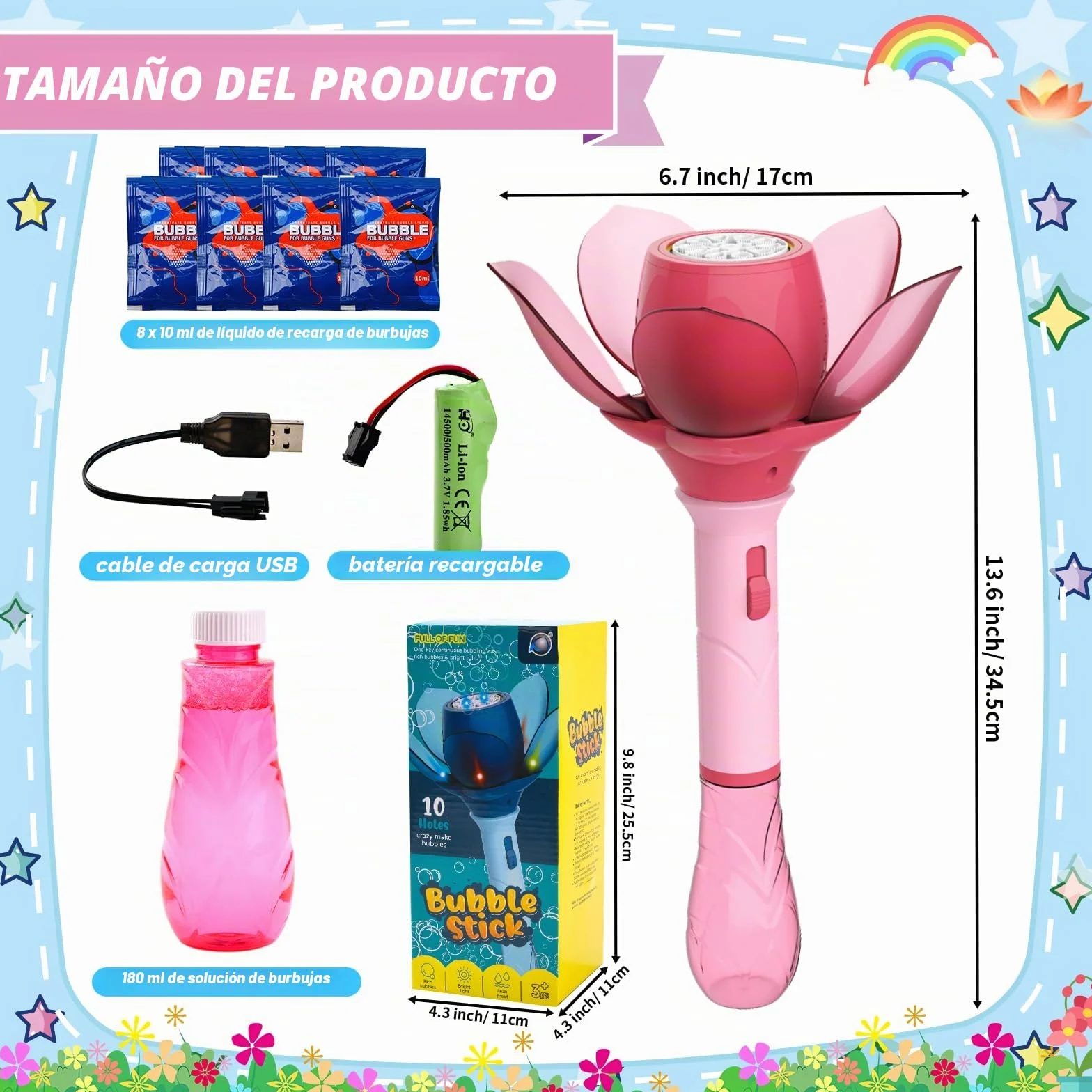 Flor de Loto Máquina de Burbujas, Pistola de Burbujas para Niños 10000+ Burbujas/Minuto, Pistola Pompas de Jabon Niños con 120ml solución y 8X 10ml Concentrado de Burbujas