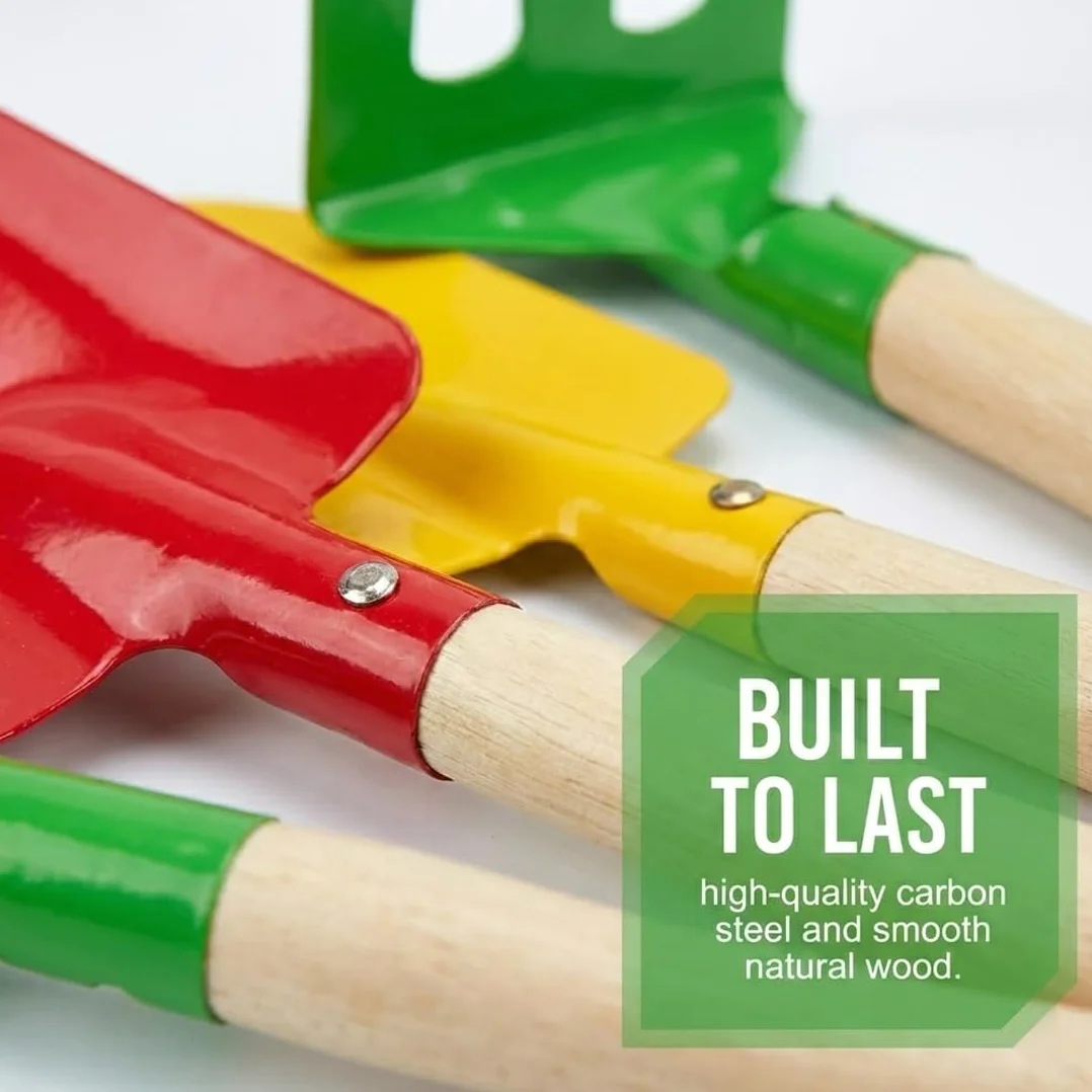 Kit de jardinería infantil de 6 piezas con pala, rastrillo y azada de metal y madera para jardín, balcón, terraza y cajón de arena.