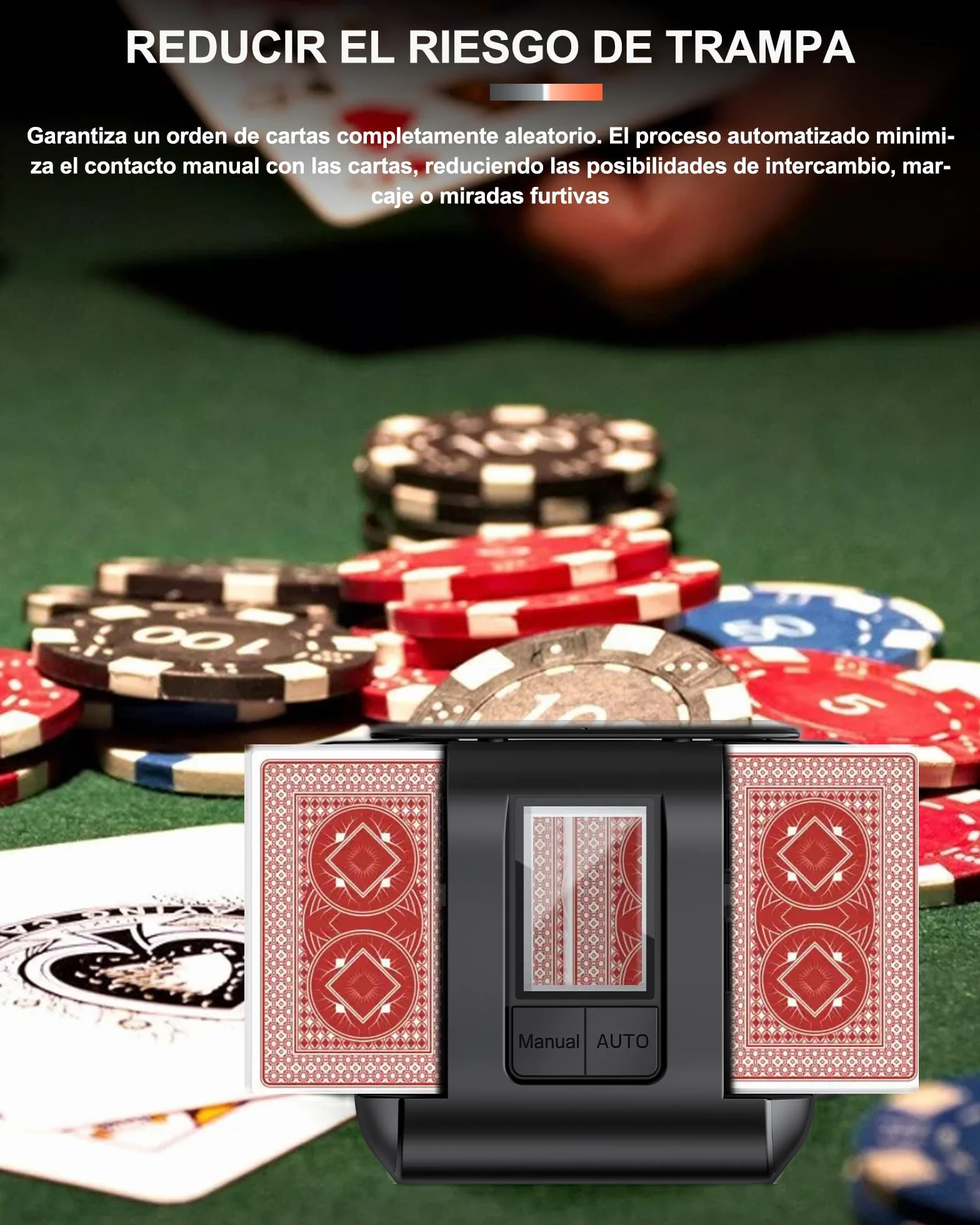 Barajador de Cartas Automático Eléctrico para 1-2 Barajas - Modo Auto/Manual Recargable 2000mAh USB-C - Silencioso - Compatible con Póker, Blackjack, UNO, Texas Hold'em, Skip-Bo y Phase 10