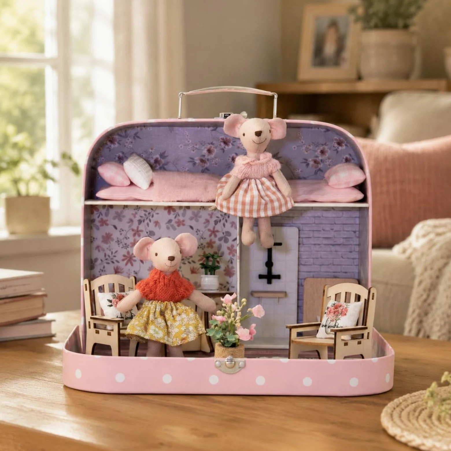 Perfeclan Casa de Muñecas Portátil Maletín Juego Set con Dos Niveles y Escena de Hogar con Flores Incluye Figuras y Muebles Materiales Madera y Tela Adecuada
