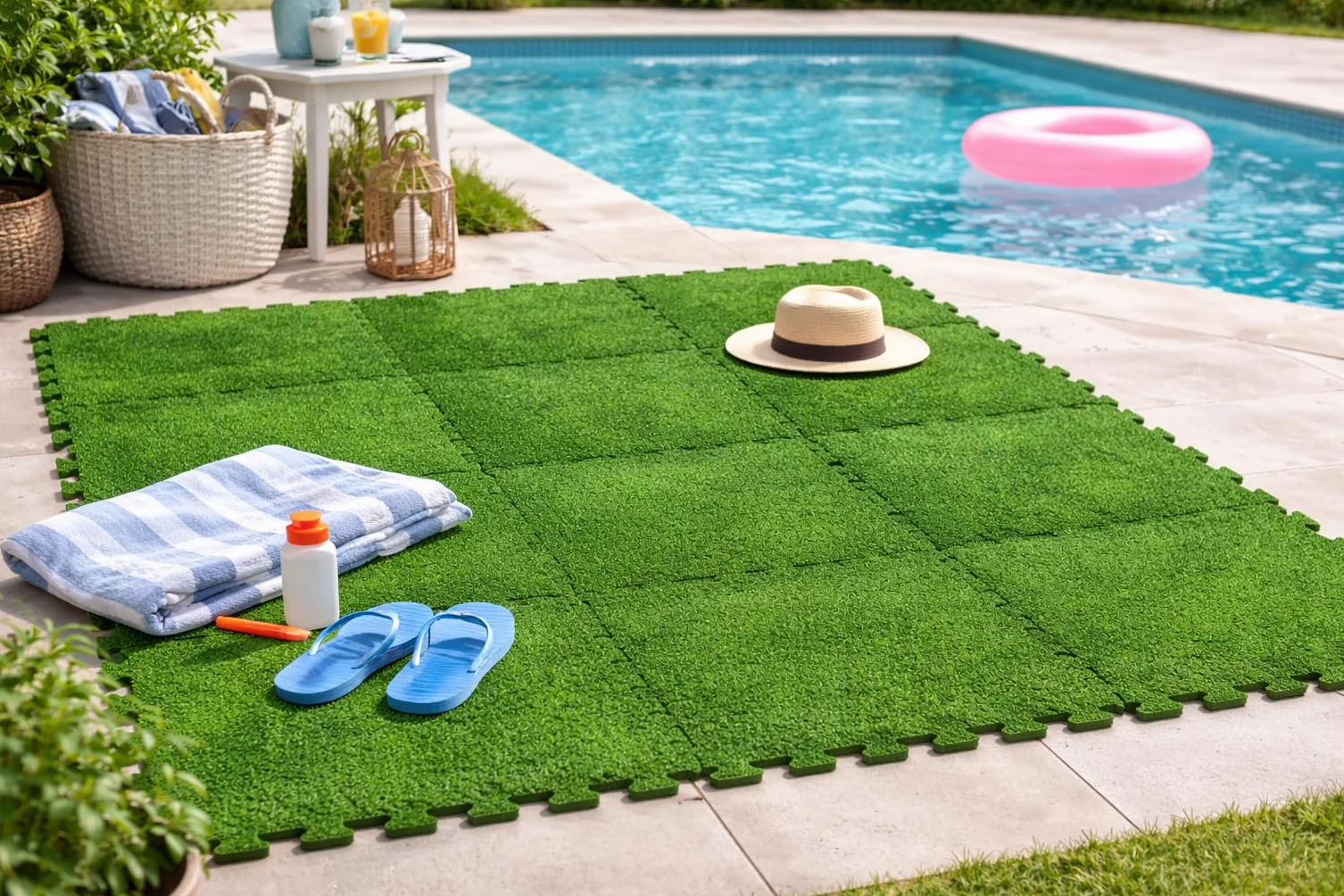 Baldosas de Foam para Piscina 50 x 50 cm – Set de 8 Piezas Tipo Puzzle – Base Exterior Extra Gruesa y Suave para Piscina, Piscina Infantil, Zona de Juegos & terraza – Efecto césped