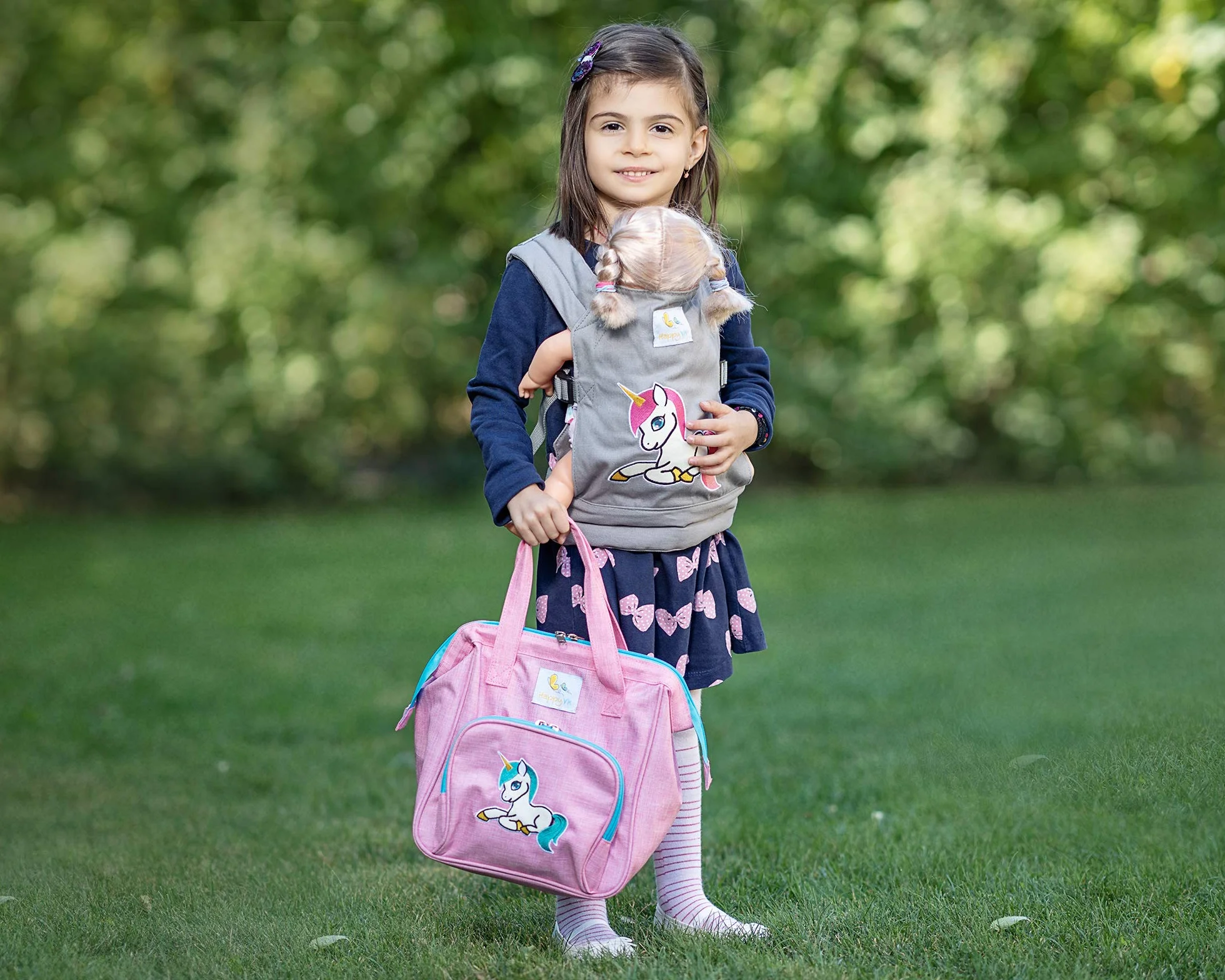 Mochila Portamuñecas para Niños Pequeños, Porta Muñecas Transporte Delantera y Trasera, Gris con Bordado de Unicornio