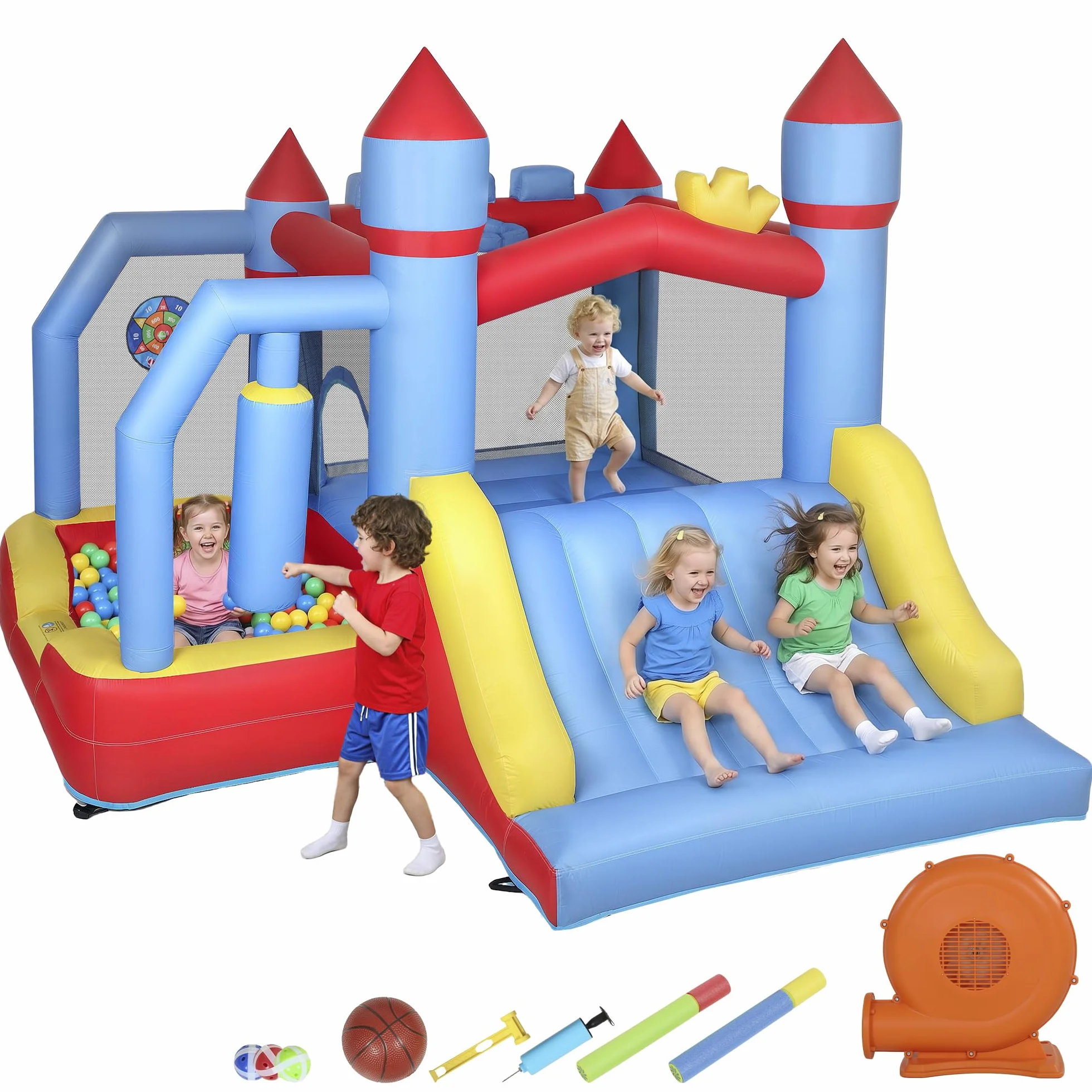 AIYAPLAY Castillo Hinchable para Niños con Soplador, Castillo Hinchable con Tobogán, Zona de Salto, Piscina, Pilar de Boxeo y Aro de Baloncesto, para Niños 3-8 Años, Interior, Exterior, 277x270x215 cm