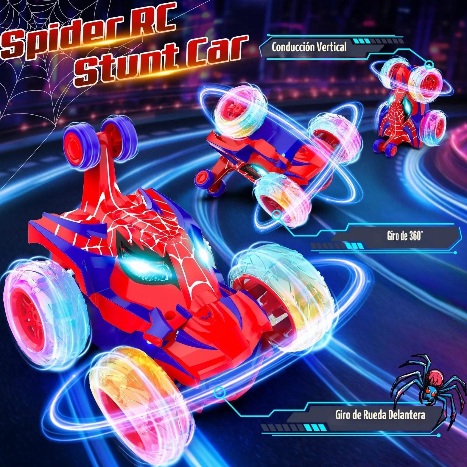 Coche Teledirigido Spider 2.4Ghz Radiocontrol Monster Truck con Luces RC Juguetes Niños 3-12 Años 360°