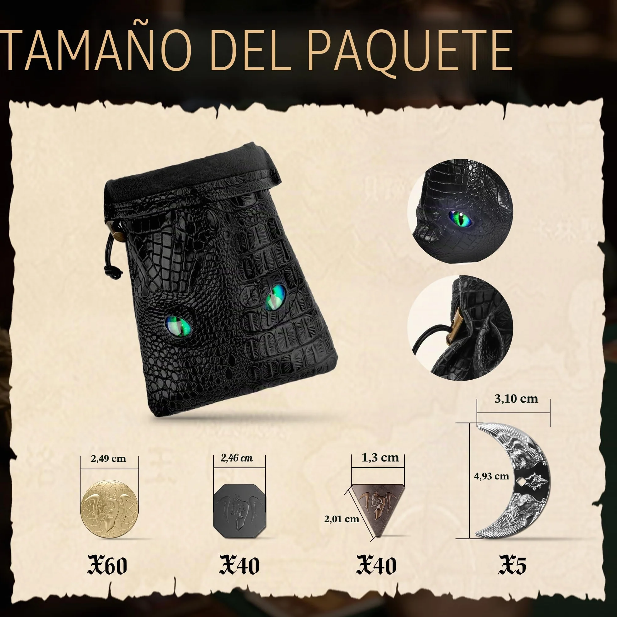 145 Monedas de Metal DND y Bolsa de Cuero, Contiene 60 Monedas de Oro, 40 Monedas de Plata, 40 de Cobre y 5 Monedas de Platino, Bueno para Juegos de Mesa RPG.