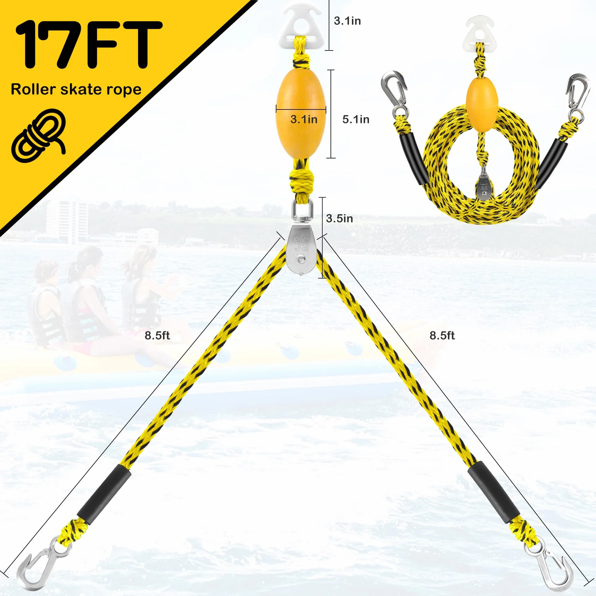 Arnés de tracción para Barco Cyberoctopus para tubing, 5000lbs, polea giratoria 360°, flotante, ganchos acero inoxidable 304, 17ft y 24ft