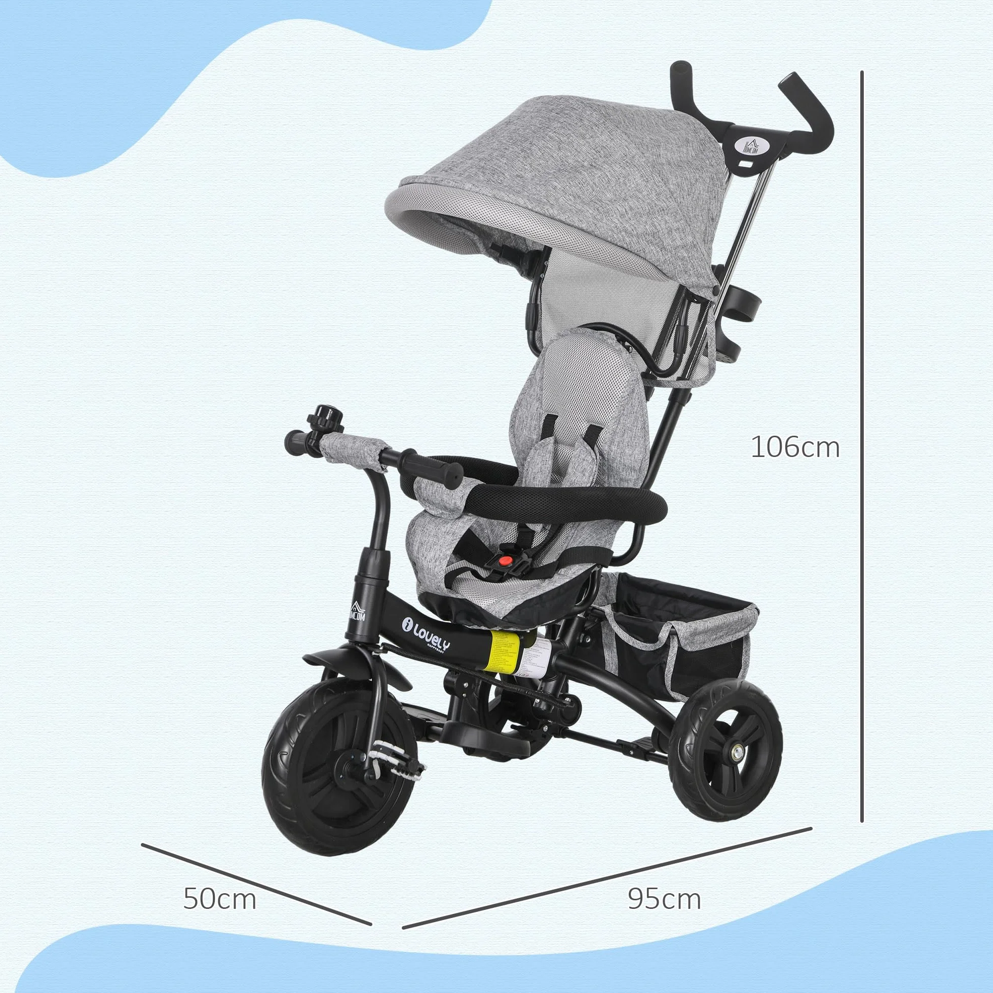 HOMCOM Triciclo Evolutivo para Bebés 6 en 1 Triciclo para Niños de 1-5 Años Bicicleta para Niños con Toldo Plegable Mango Telescópico Desmontable Cinturón de Seguridad y Cesto 95x50x106 cm Gris