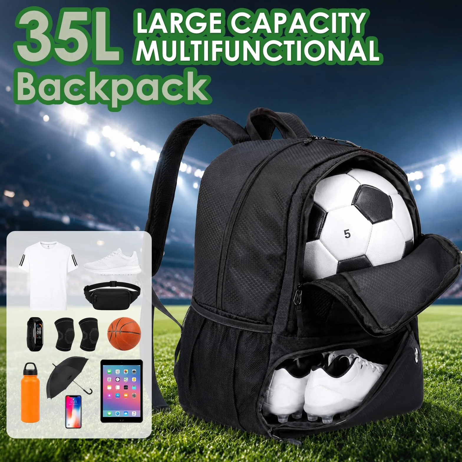 Mochila para fútbol 35 litros impermeable con compartimento inferior