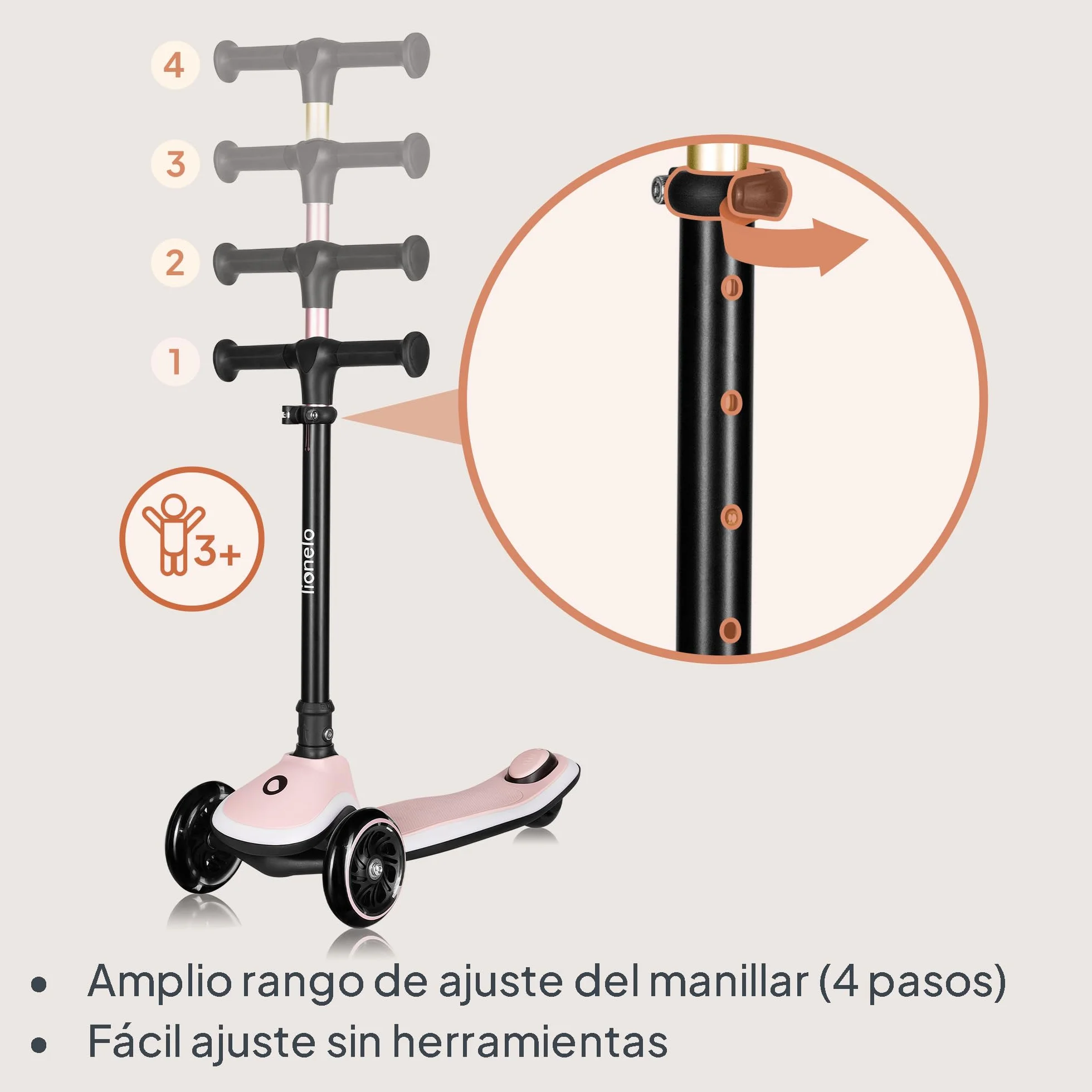 LIONELO MEY Patinete de Equilibrio para Niños Desde 3 años hasta 50 kg, Scooter Infantil Patinete de 3 Ruedas con Ajuste de Altura, Plataforma Antideslizante Iluminada y Ruedas LED, Cesta