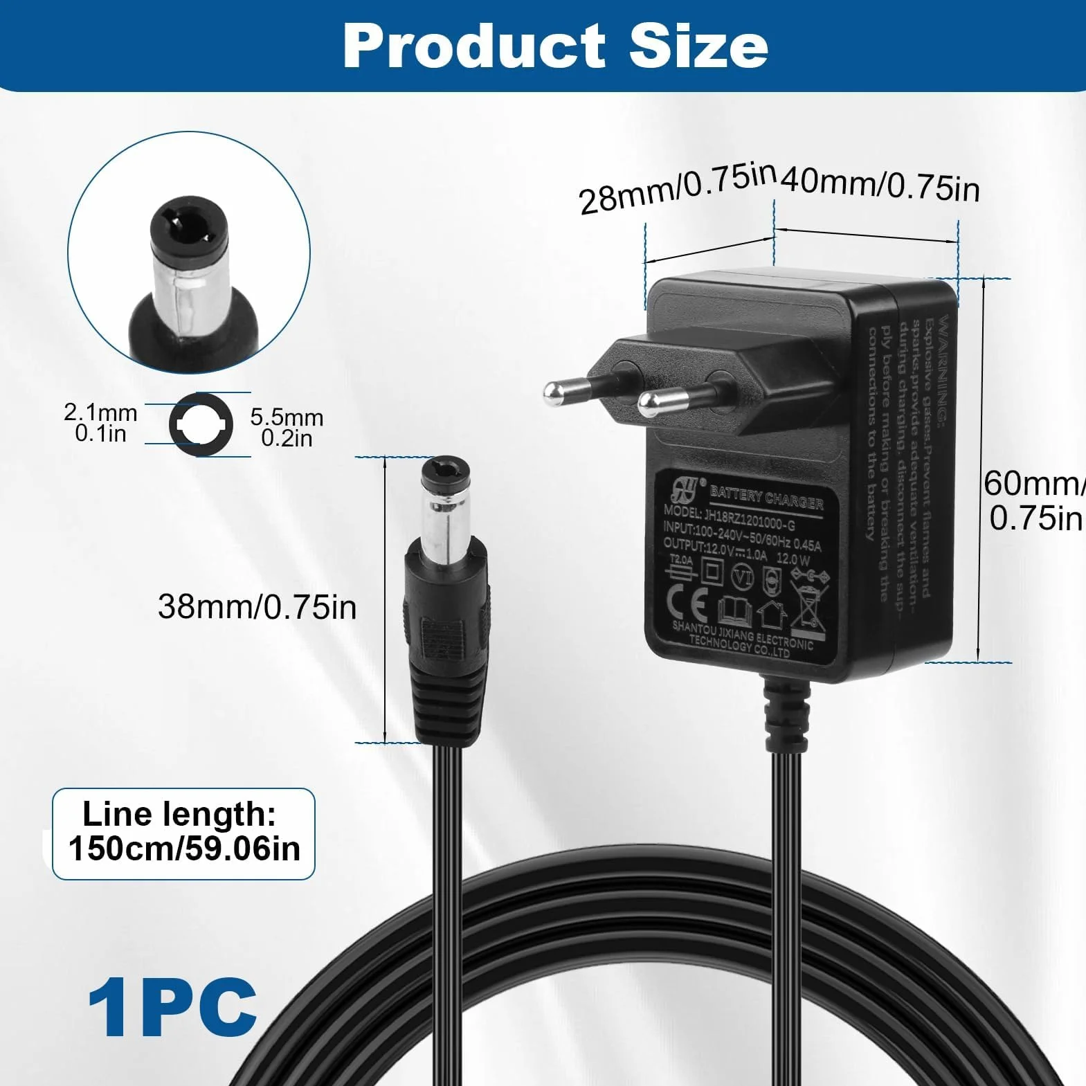 12V 1A Cargador para Coches Eléctricos Niños, Adaptador de Corriente EU para Juguetes Eléctricos SUV, ATV, Moto, Quad, Tractor y Otros 12V 1000mA Vehículos Infantiles, Cable 1.5 m Negro