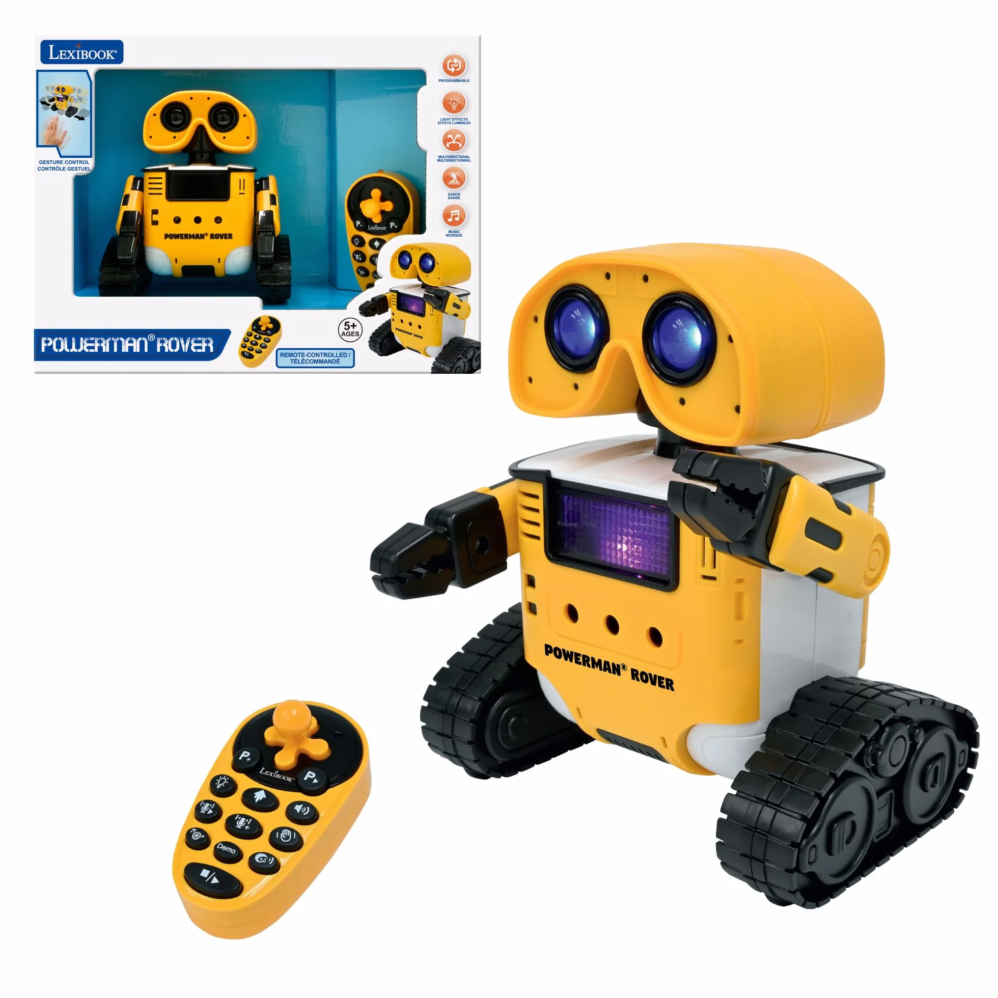 LEXIBOOK, Powerman Rover, Tu Adorable Robot controlado a Distancia, Control Remoto y por Gestos, Reproduce música y Baila, Repite lo Que Dices, Efectos de luz y Sonido, Programable Stem, ROB14