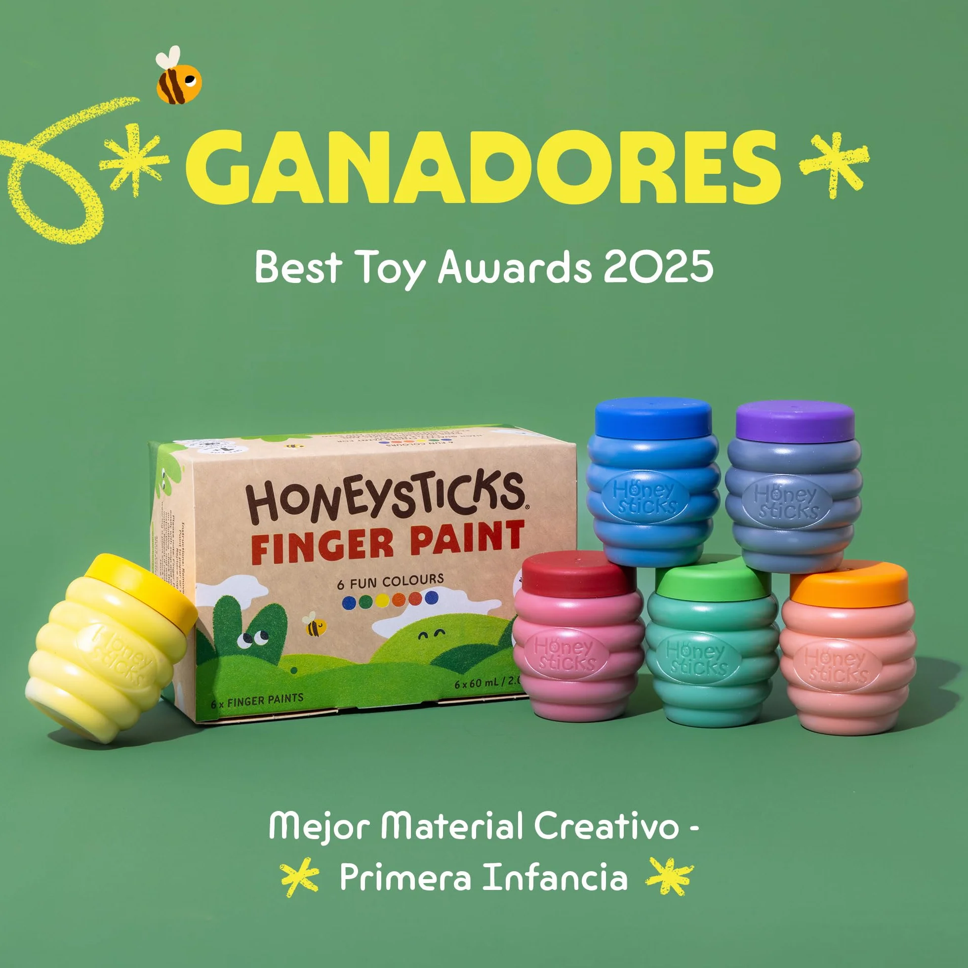 Honeysticks Pintura de Dedos para Niños y Bebés No Tóxica – Pinturas para Bebés y Niños de 1 a 5 Años a Base de Agua en 6 Colores Vivos - Seguras y Lavables de la Piel – Ecológica