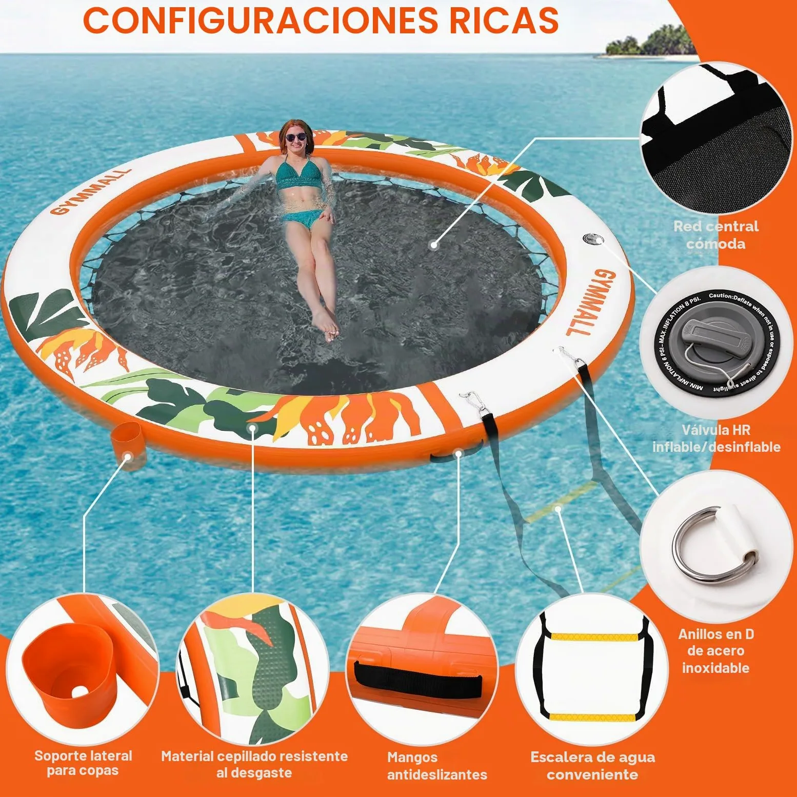 Plataforma Flotante Inflable Colchoneta Piscina 240 cm, Anillo Sunchill, Floating Yoga Dock Isla Flotante Hamaca Acuática Flotador Reposera con Escalera y Portavasos