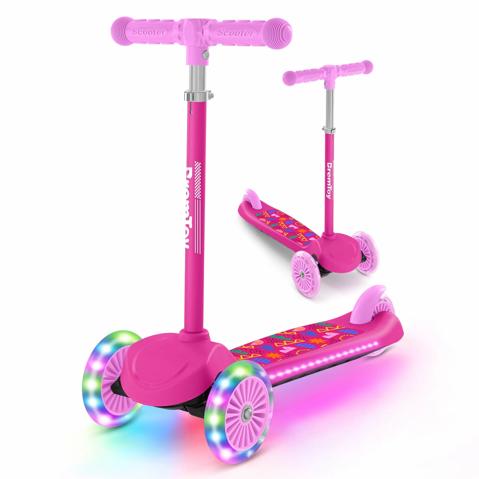BremToy Patinete Niños 3 Años, Patinete Niños con Deck Luminosa y Ruedas LED de PU, Altura Regulable en 4 Niveles, Frenado Responsivo, Ligero, Patinete para Principiantes de 3 a 8 Años