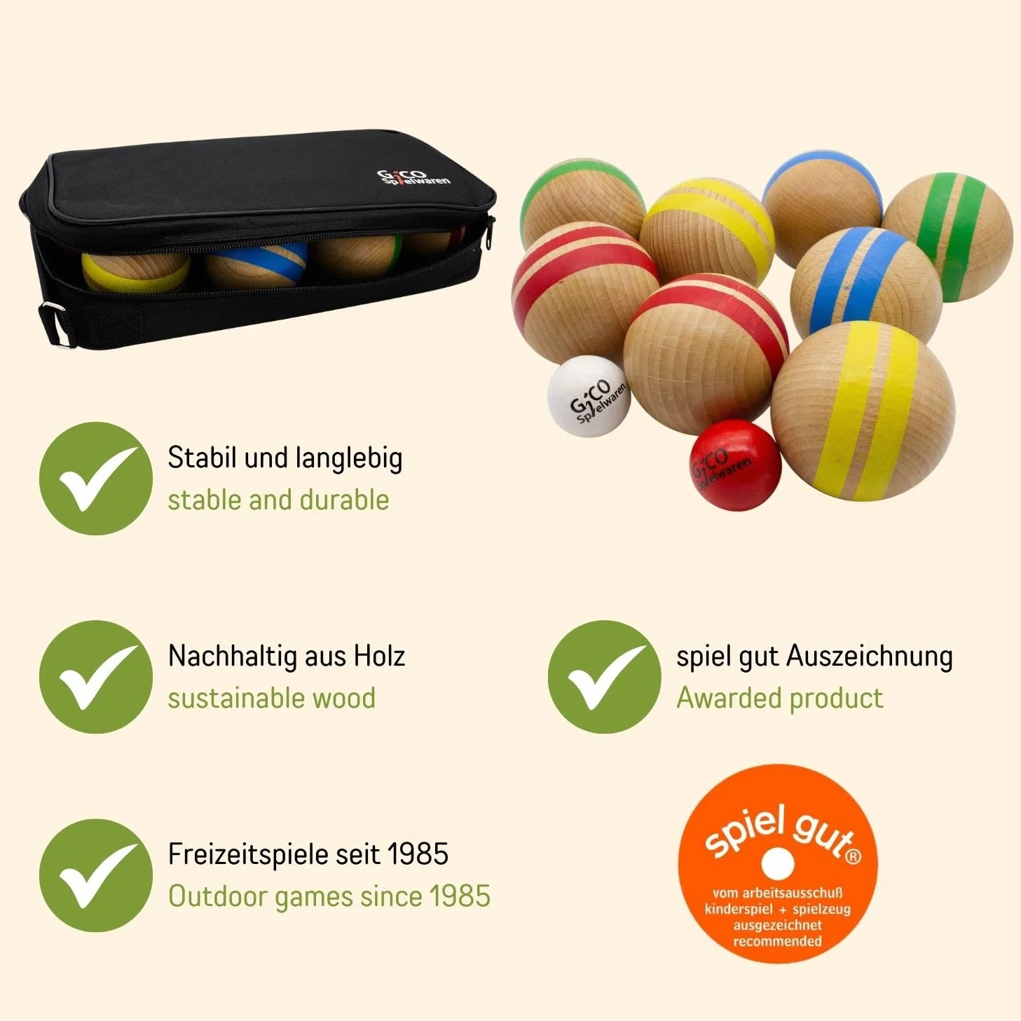GICO Juego de petanca de madera maciza, a rayas con 8 bolas, diámetro 7 cm. Fabricado en la UE, juego de premios - 3021