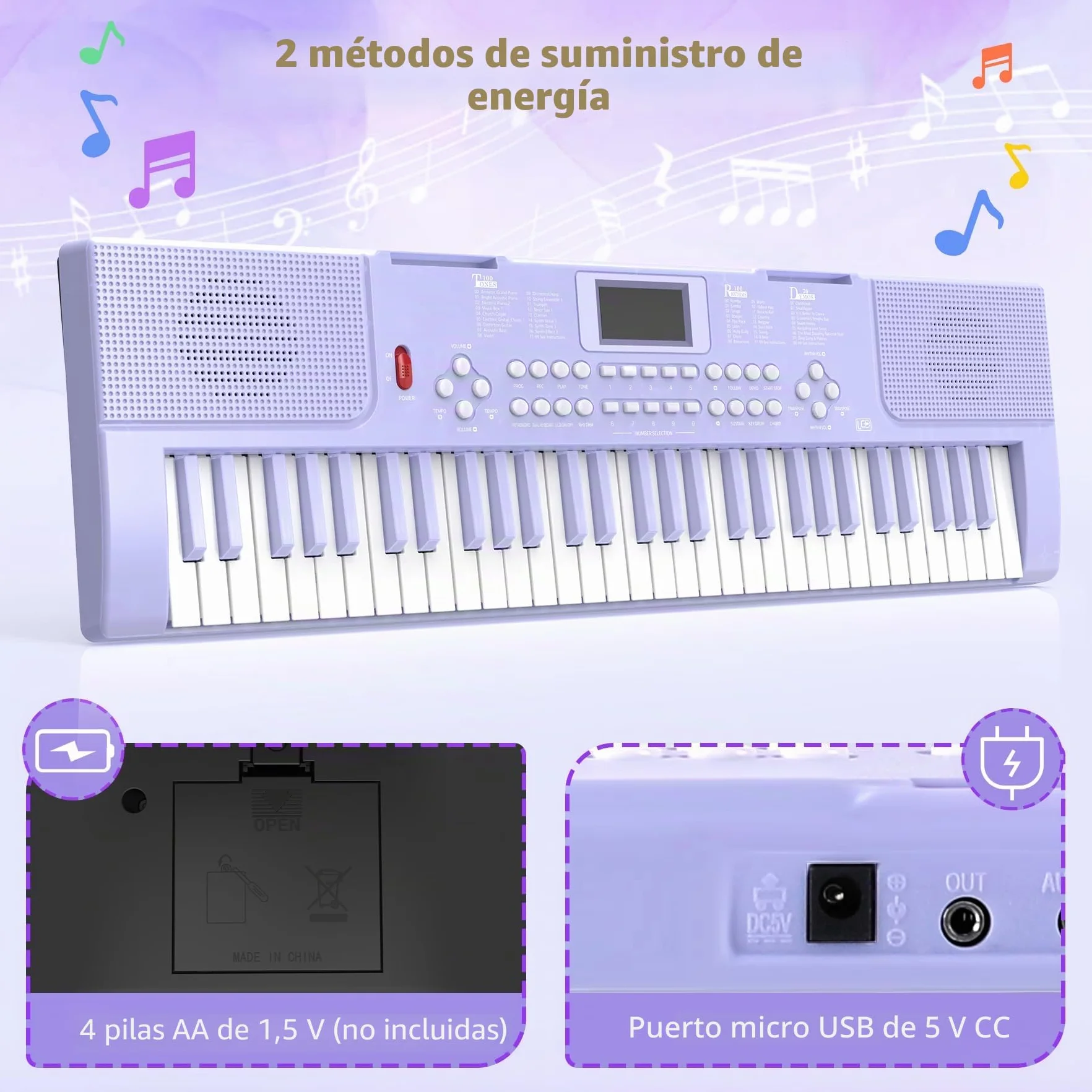 Piano digital electrónico para niños con teclas iluminadas, portátil, de 61 teclas, juguete musical educativo para principiantes con atril y micrófono. (Púrpura)