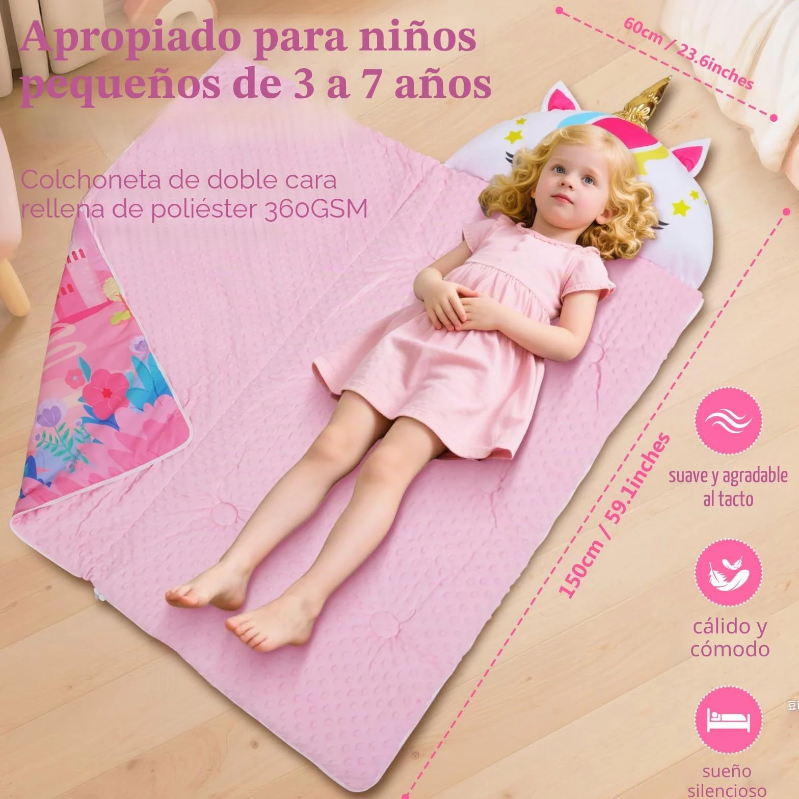 decalsweet Cálida Alfombrilla de Siesta para Niños Pequeños con Almohada Extraíble, Saco de Dormir Plegable para Niñas y Niños, Bolsa de Dormir con Cremallera para Camping Siesta, 150×60cm