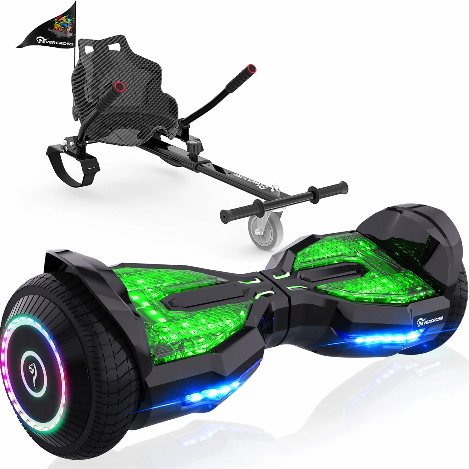 EVERCROSS EV2 Hoverboards con Asiento - 5.2 Ah Batería, 15 km/h, Música Bluetooth, Luces de Pedal de 7 Colores, Carga máxima 85 kg, Hover Board con Hoverkart para Niños, Adolescentes y Adultos Negro