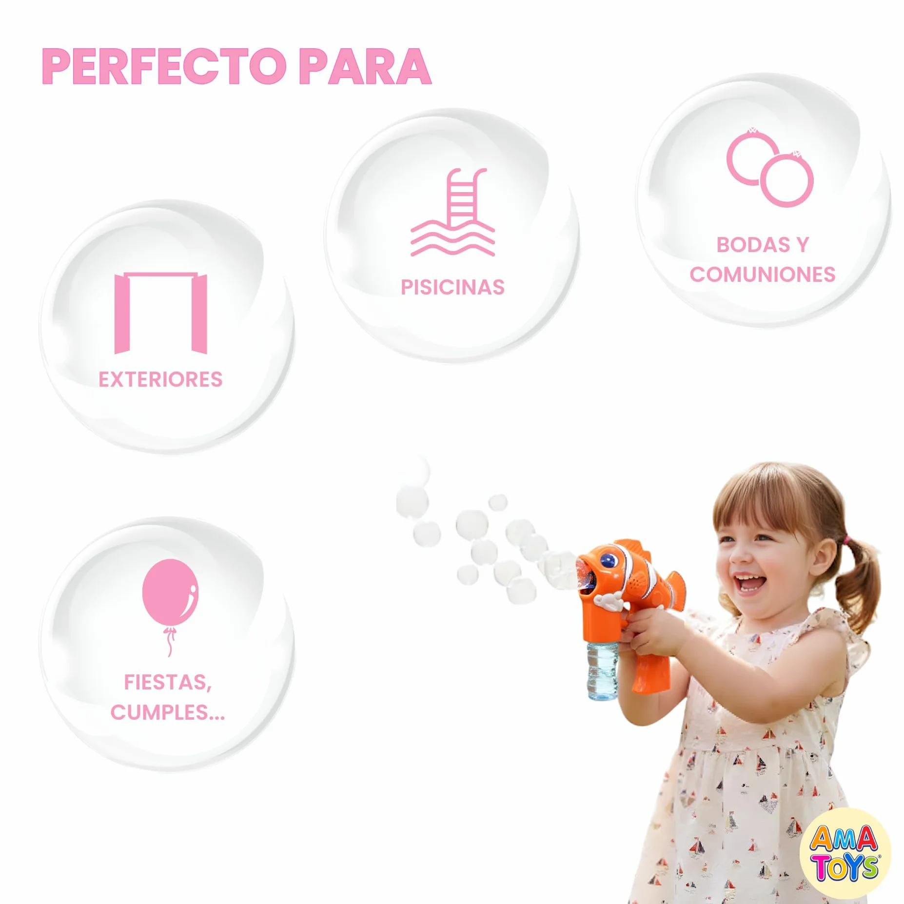 Pistola de Burbujas - Set de 3 - AMATOYS - Máquina de Pompas Automática con Luces - Forma de Animales - Pomperos para Niños y Niñas - Juguete para Piscina y Verano (PEZ_Naranja)