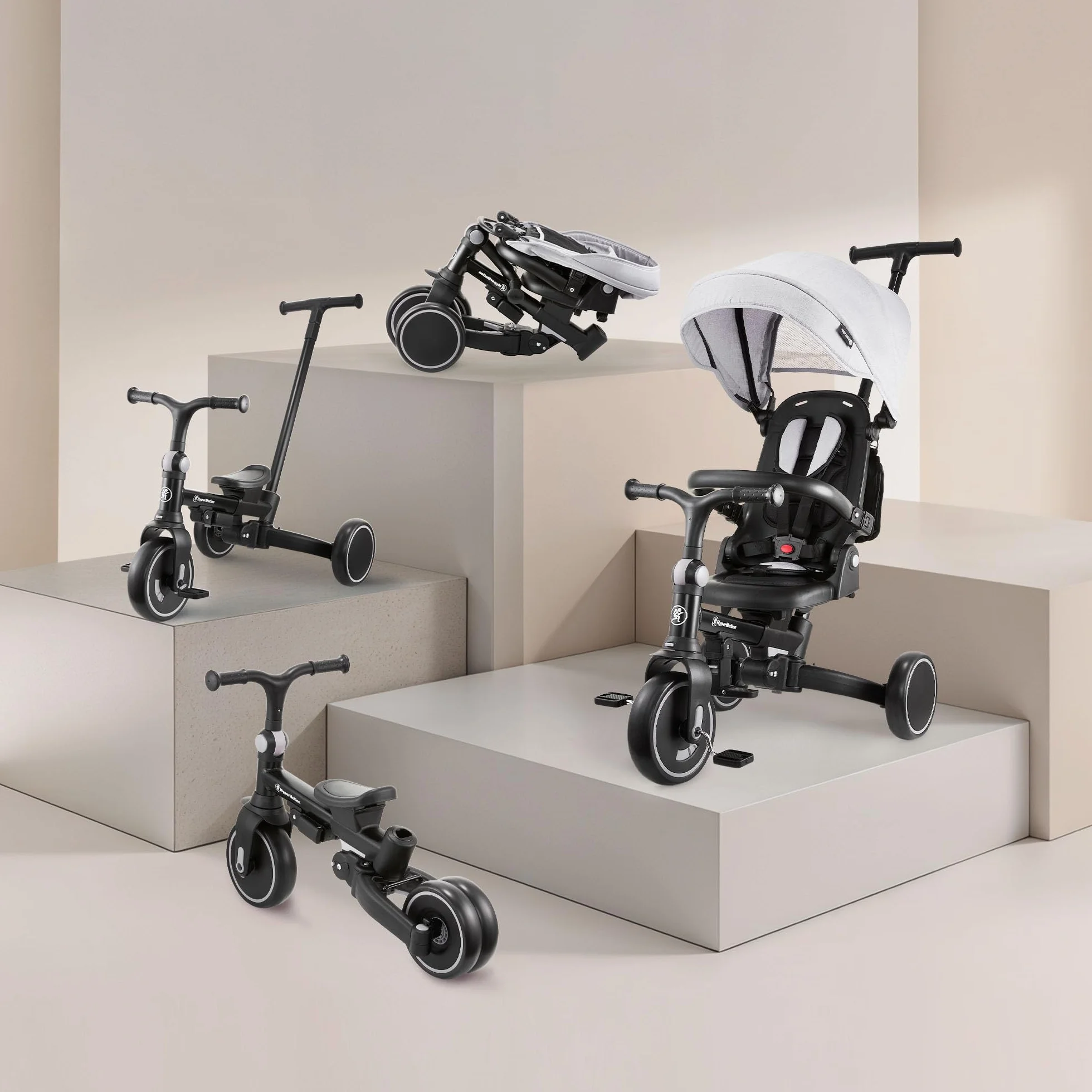 HyperMotion Triciclo Evolutivo 8 en 1 con Asiento Giratorio 360° – Triciclo Bebe Reclinable y Plegable con Capota, Arnés y Barra de Empuje – Trike Infantil para Niños de 1 a 5 Años