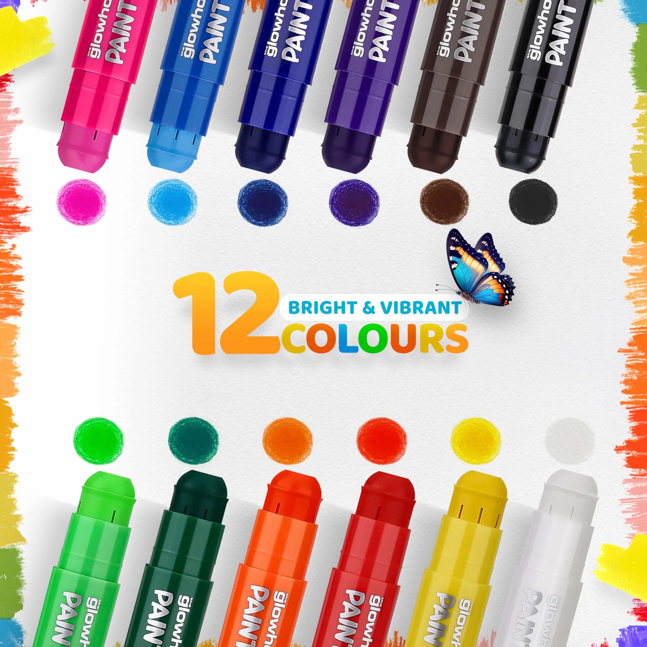 The Glowhouse Barras de pintura Tempera de colores clásicos, 12 unidades, no tóxicas, lavables, sin manchas, multicolor, para niños, paquete de 12, perfectas para proyectos de arte creativos