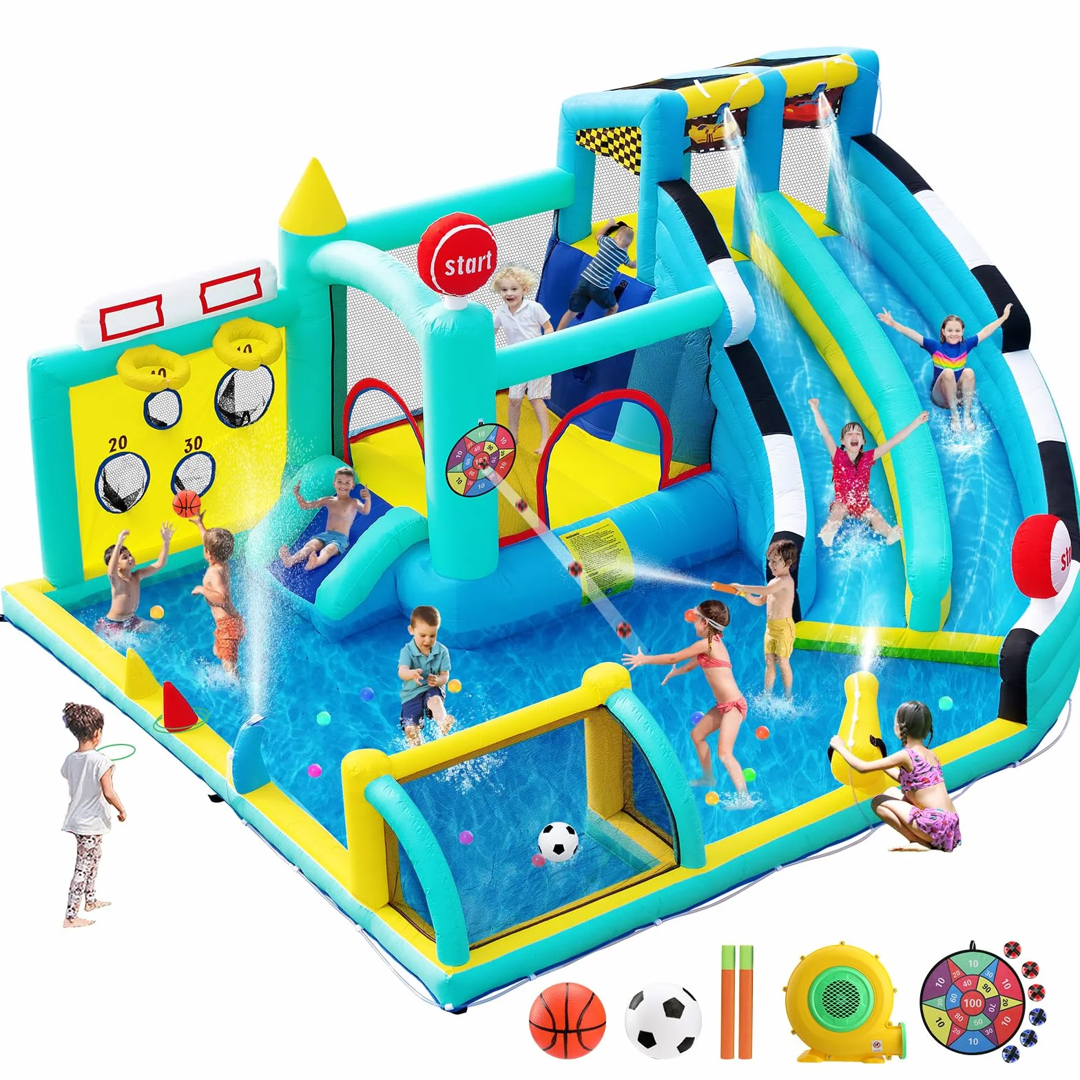 Castillo Hinchable Grande con Tobogán de Agua y Soplador, para Niños con Trampolín, Rocódromos, Baloncesto, Piscina, Peso 225 kg, para 4 Niños de 3 a 10 Años, 470×400×220 cm