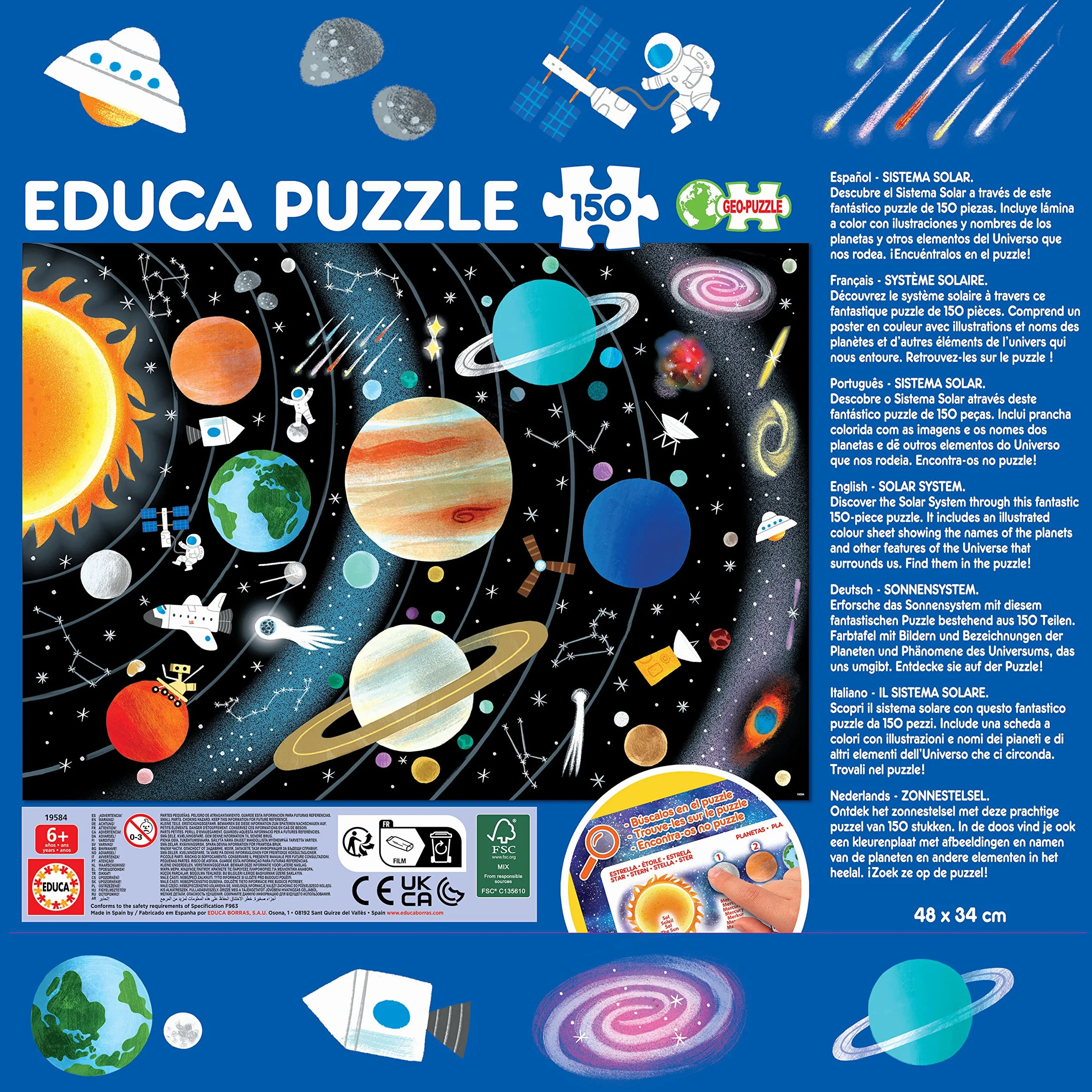 Educa - Sistema Solar | Puzzle Educativo Infantil de 150 Piezas. Medida aproximada una Vez montado: 48 x 34 cm. Compuesto por Grandes Piezas Perfectamente acabadas. Recomendado +6 años (19584)