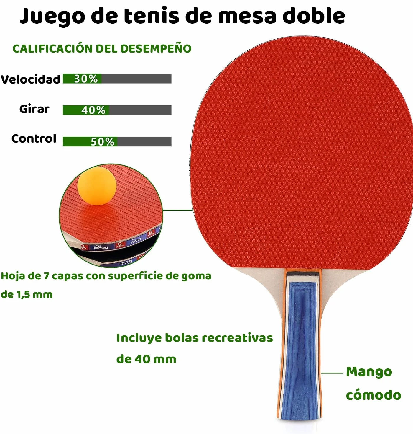Set de Raquetas de Tenis de Mesa con 2 Raquetas y 3 Pelotas de Ping Pong